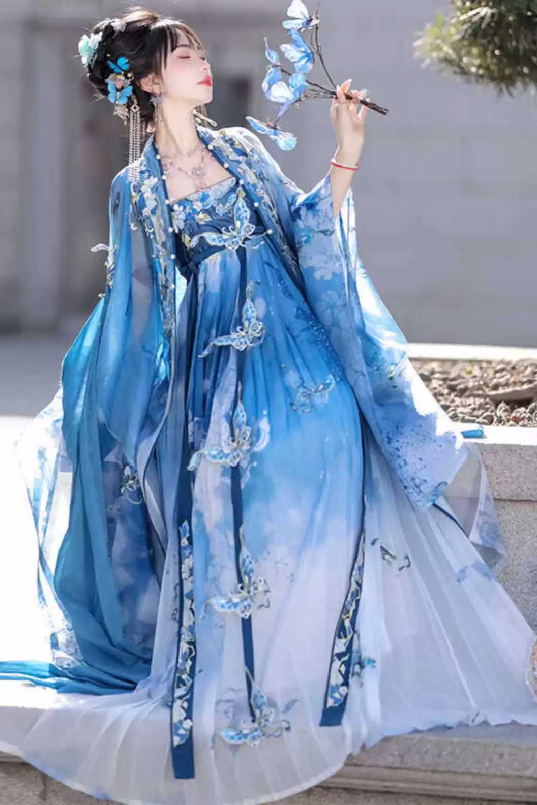 Tang dynasty hanfu blue print embroidery Kouzi skirt - cidiemeiren 瓷碟美人