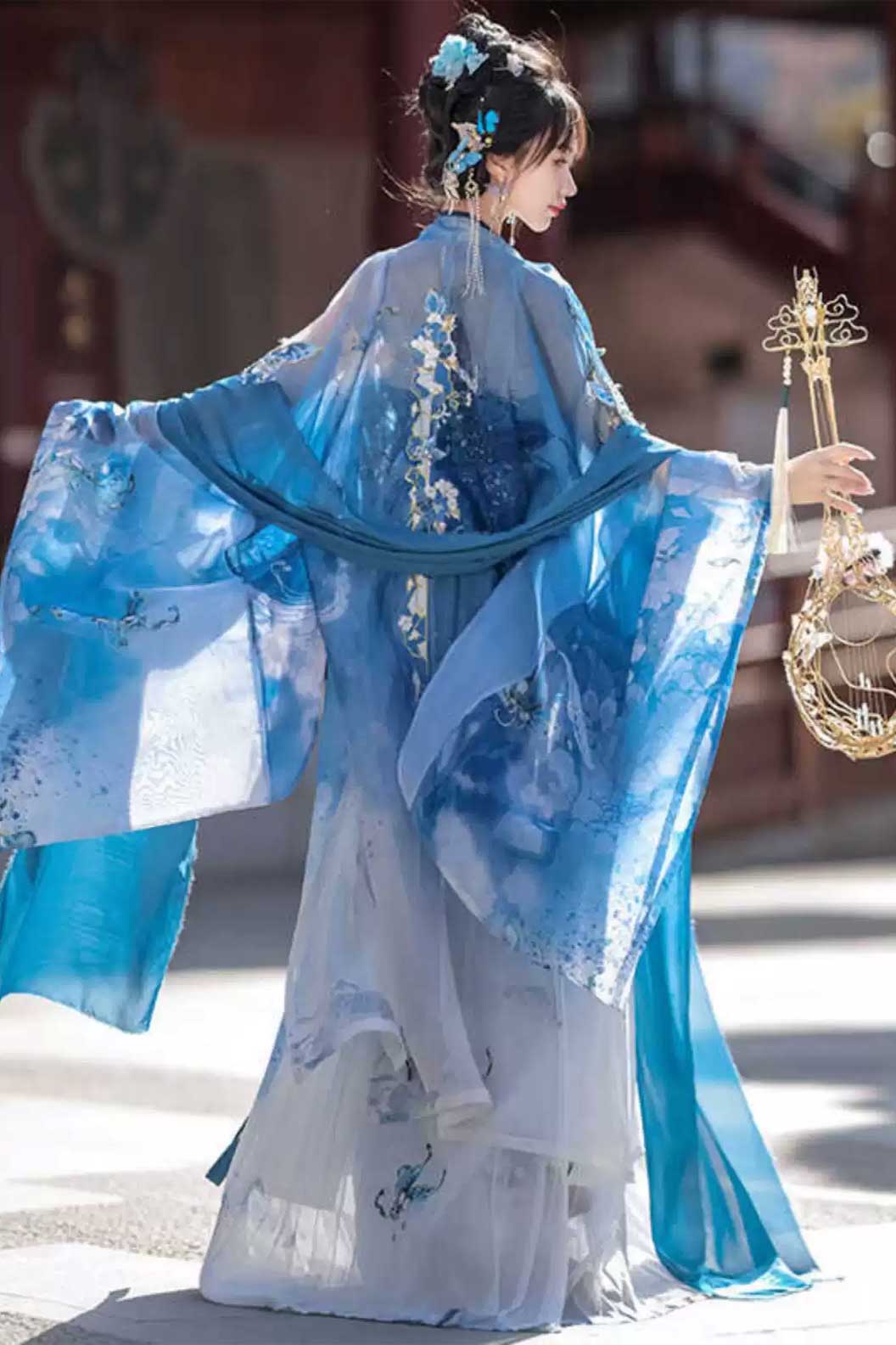 Tang dynasty hanfu blue print embroidery Kouzi skirt - cidiemeiren 瓷碟美人