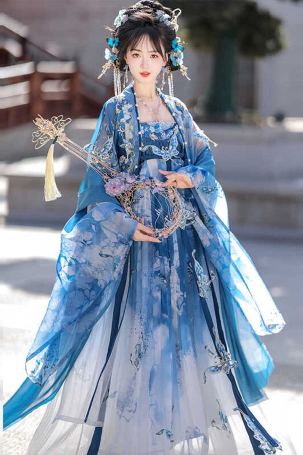 Tang dynasty hanfu blue print embroidery Kouzi skirt - cidiemeiren 瓷碟美人