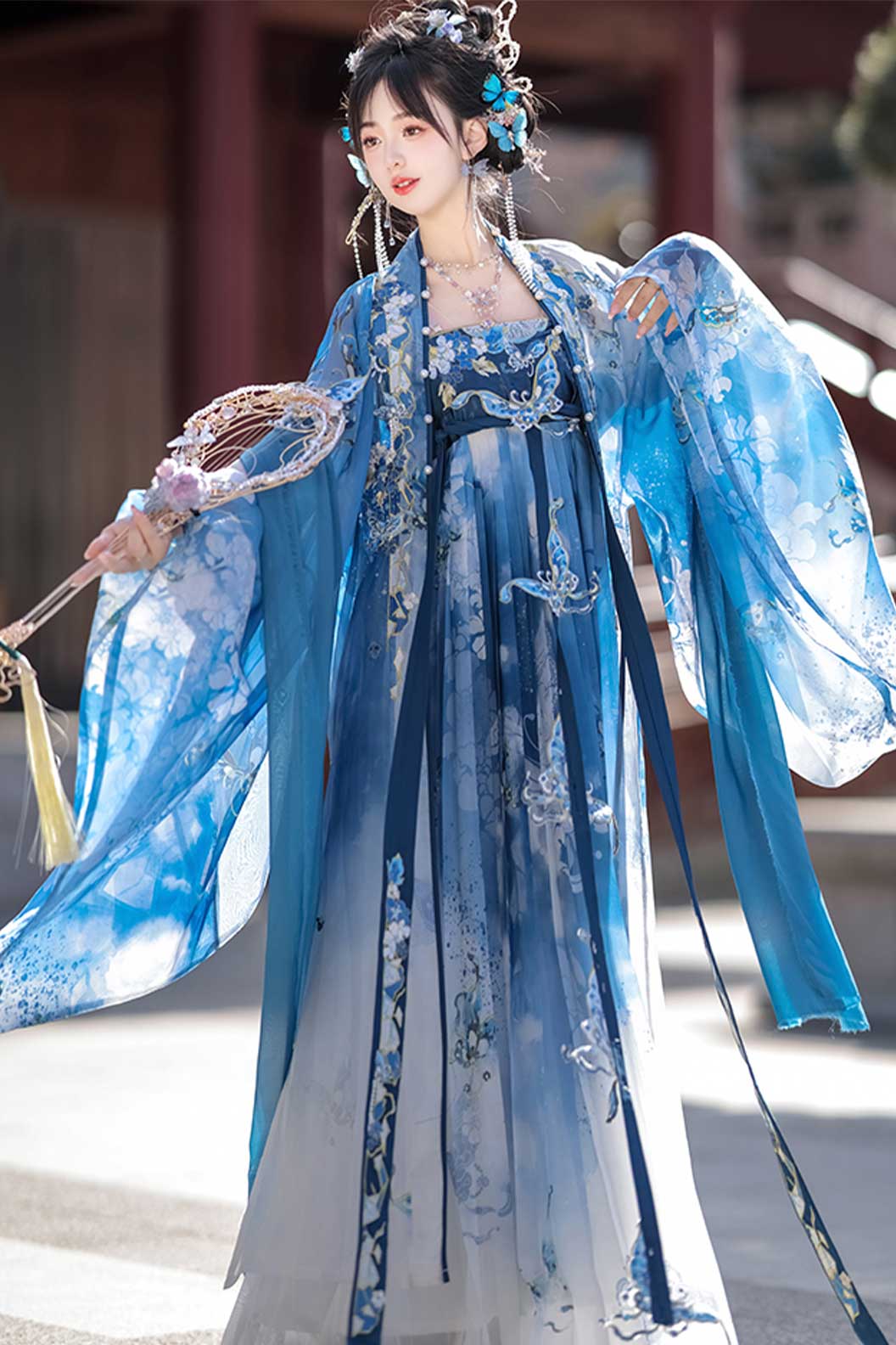 Tang dynasty hanfu blue print embroidery Kouzi skirt - cidiemeiren 瓷碟美人