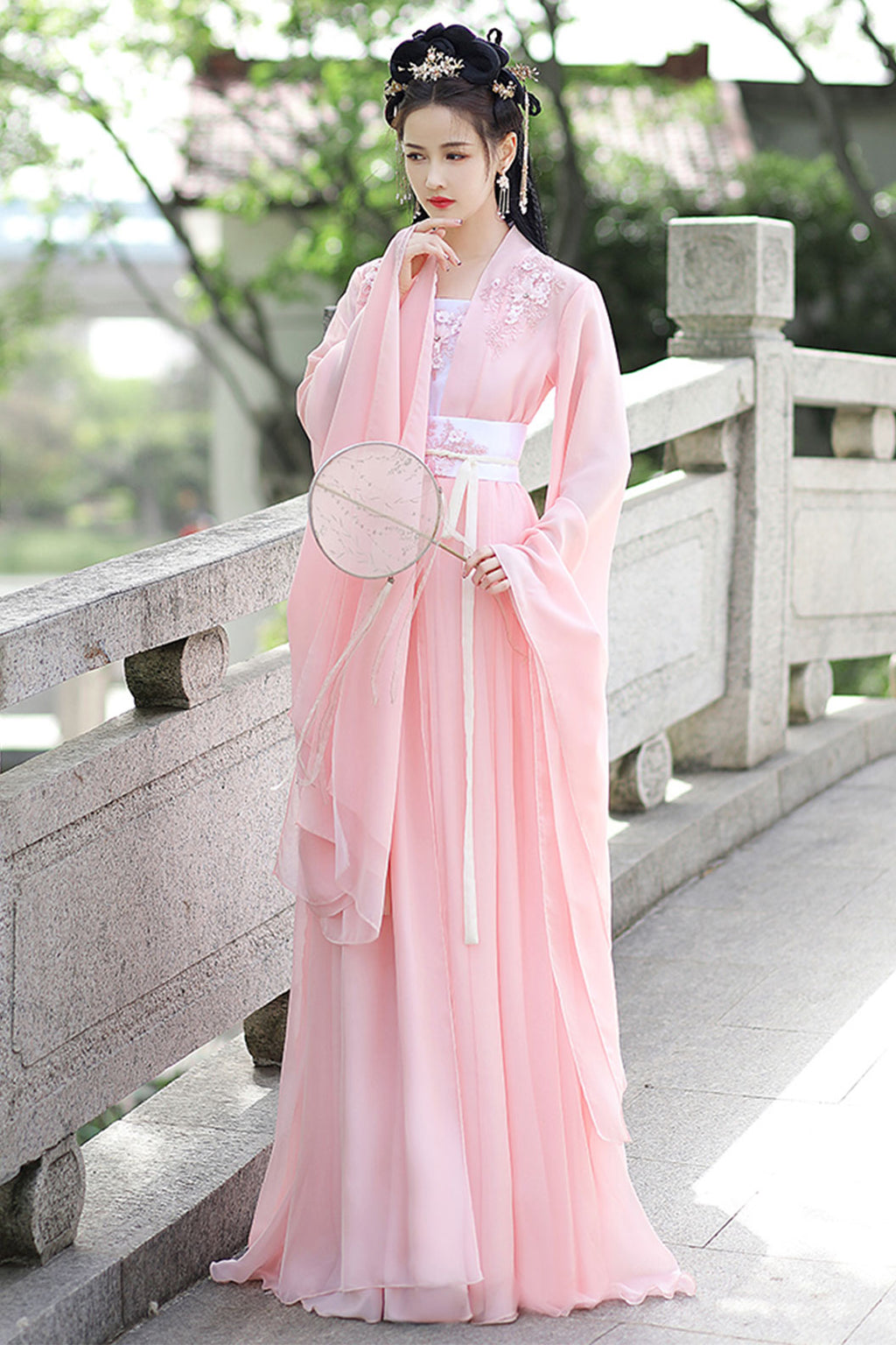 Tang dynasty hanfu chest high ruqun set with wide sleeved outer robe - lianfengfuying 莲风拂影