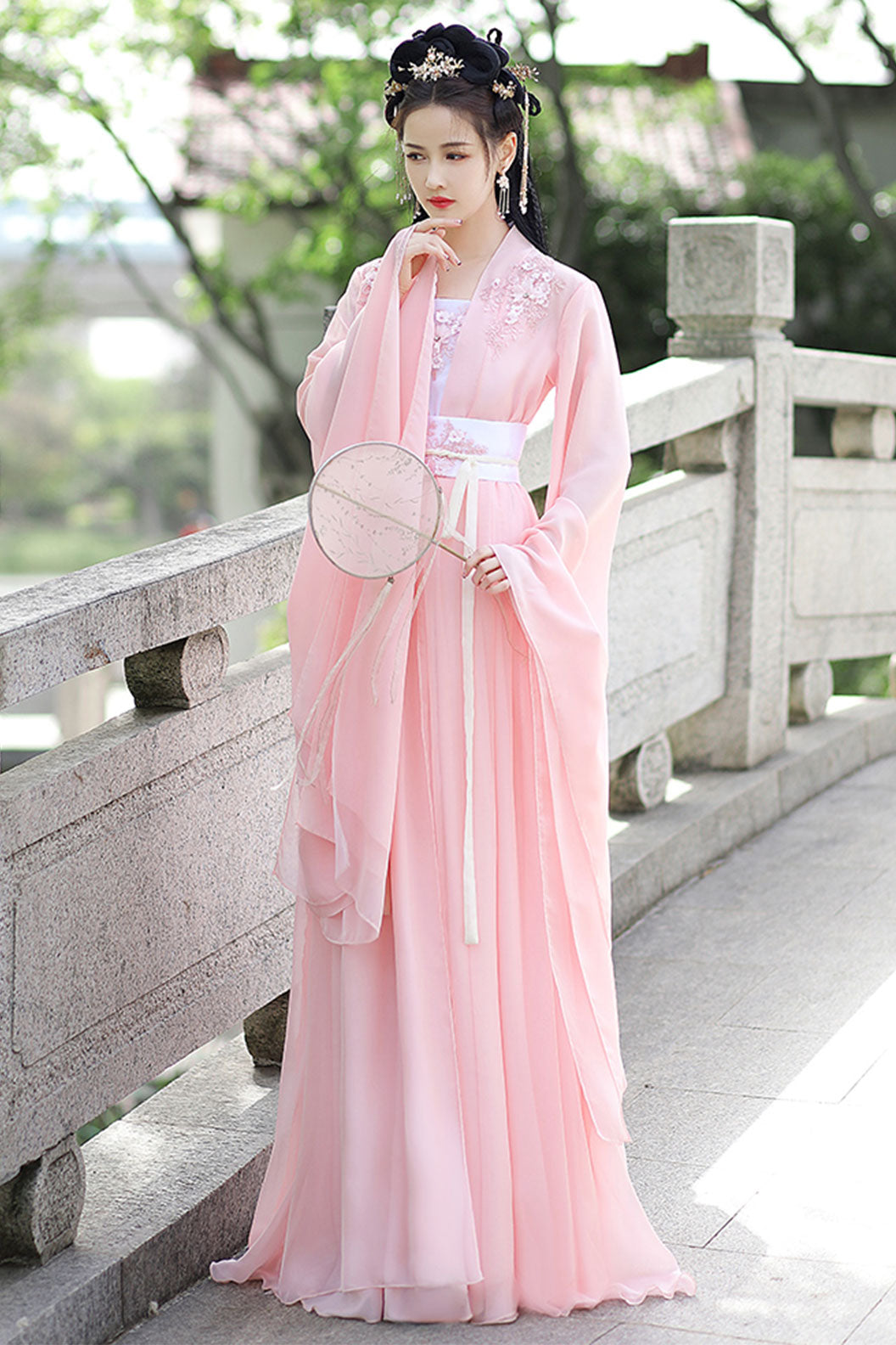 Tang dynasty hanfu chest high ruqun set with wide sleeved outer robe - lianfengfuying 莲风拂影