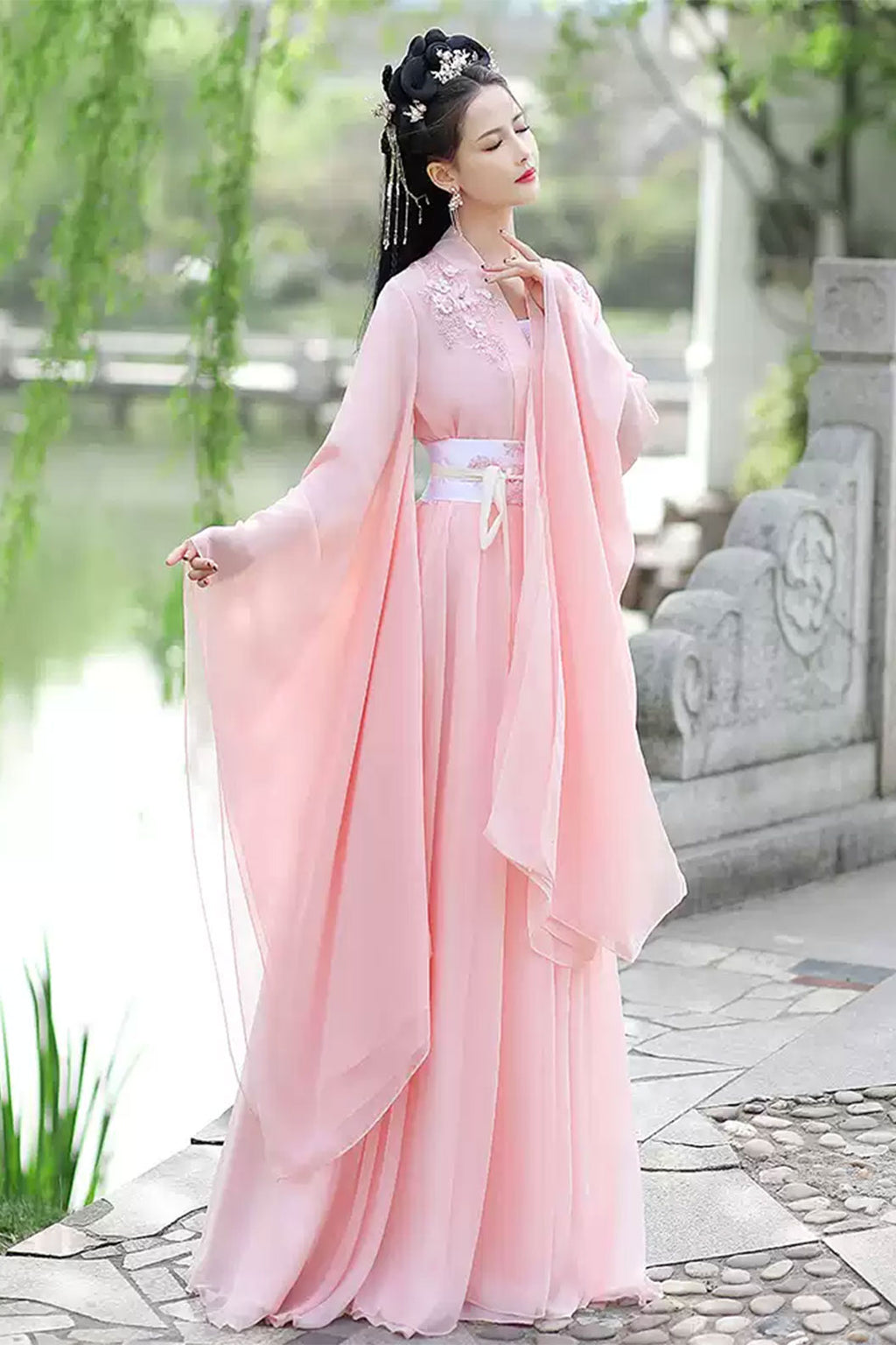 Tang dynasty hanfu chest high ruqun set with wide sleeved outer robe - lianfengfuying 莲风拂影