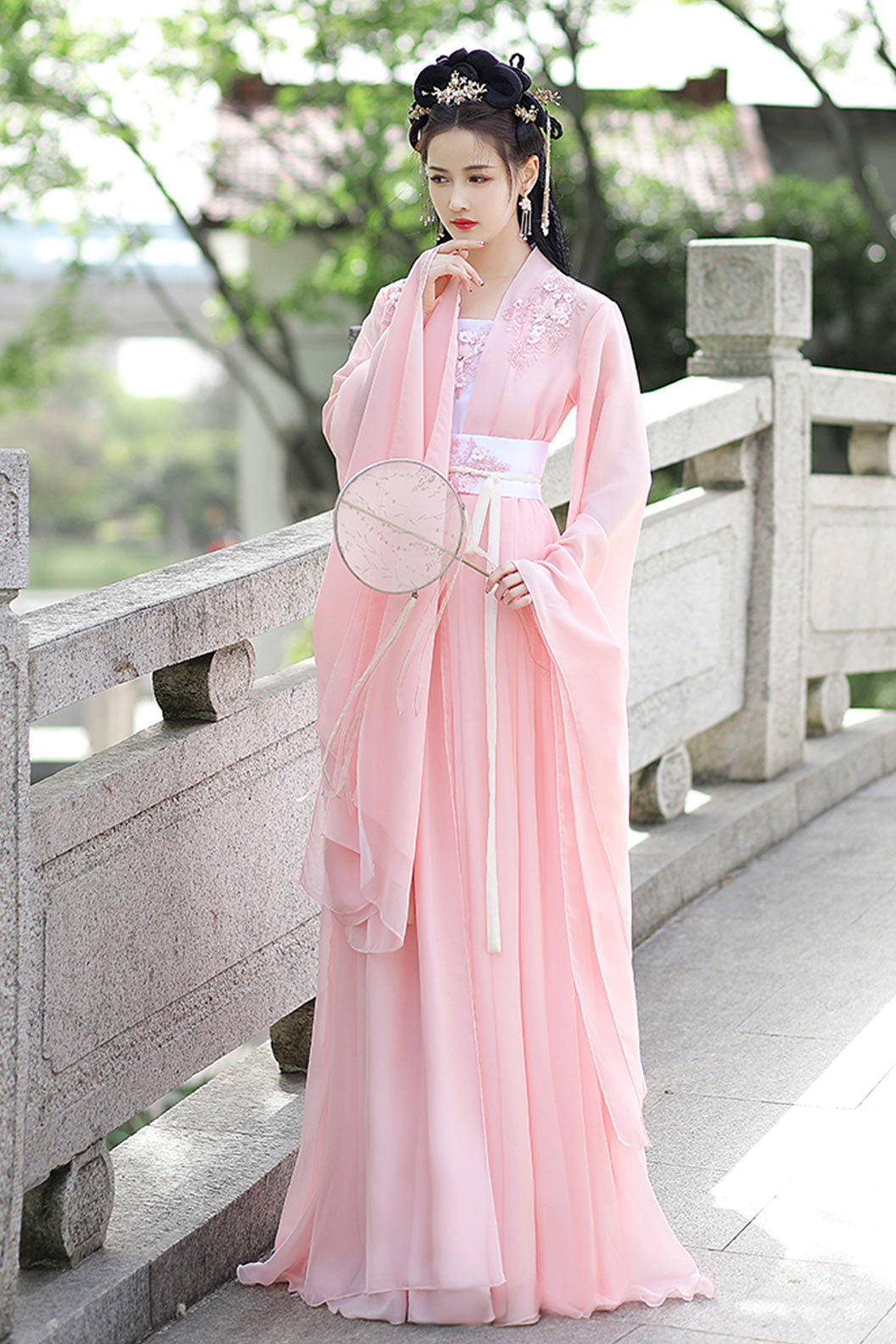 Tang dynasty hanfu chest high ruqun set with wide sleeved outer robe - lianfengfuying 莲风拂影