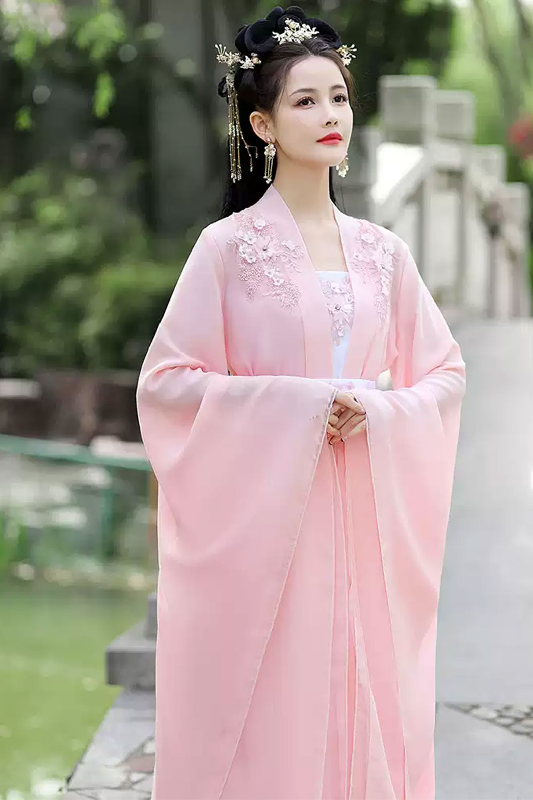 Tang dynasty hanfu chest high ruqun set with wide sleeved outer robe - lianfengfuying 莲风拂影