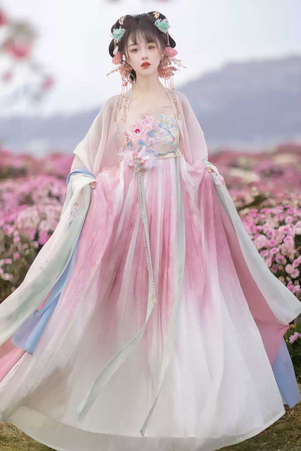 Tang dynasty hanfu one piece kouzi skirt with wide sleeved shirt - chunxuliuguang 春序流光