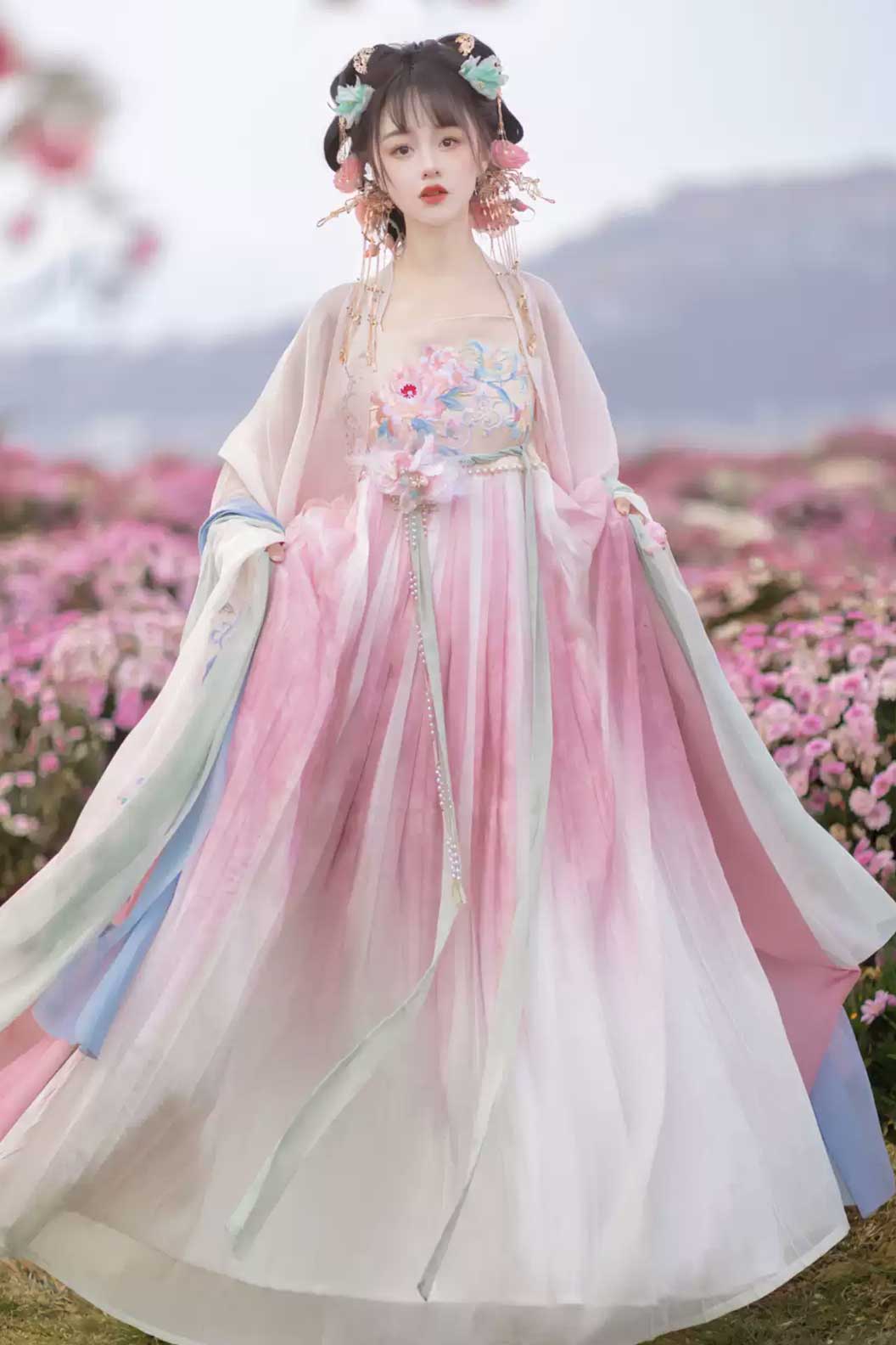 Tang dynasty hanfu one piece kouzi skirt with wide sleeved shirt - chunxuliuguang 春序流光