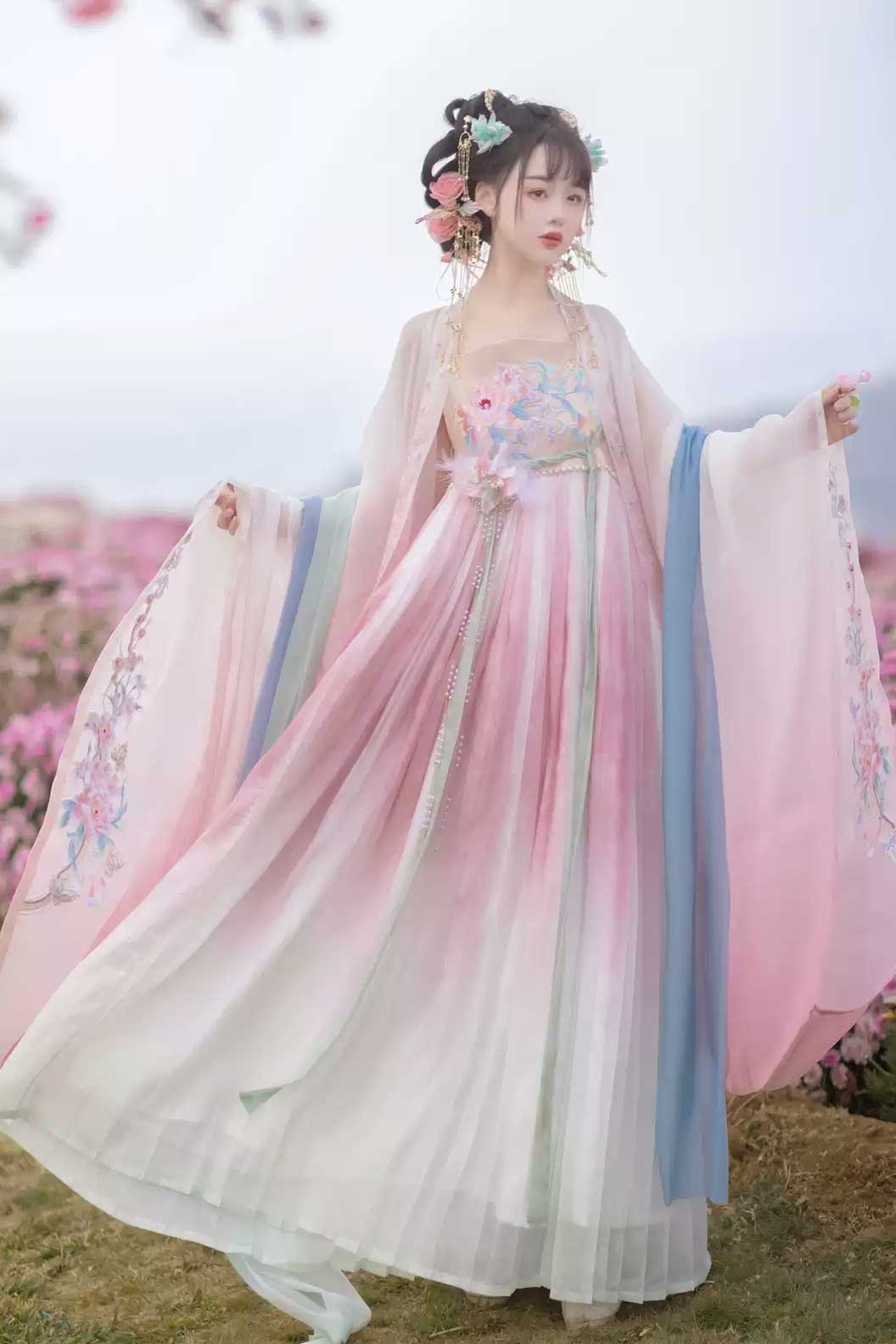 Tang dynasty hanfu one piece kouzi skirt with wide sleeved shirt - chunxuliuguang 春序流光