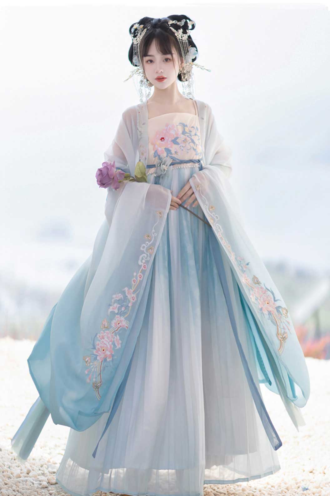 Tang dynasty hanfu one piece kouzi skirt with wide sleeved shirt - chunxuliuguang 春序流光