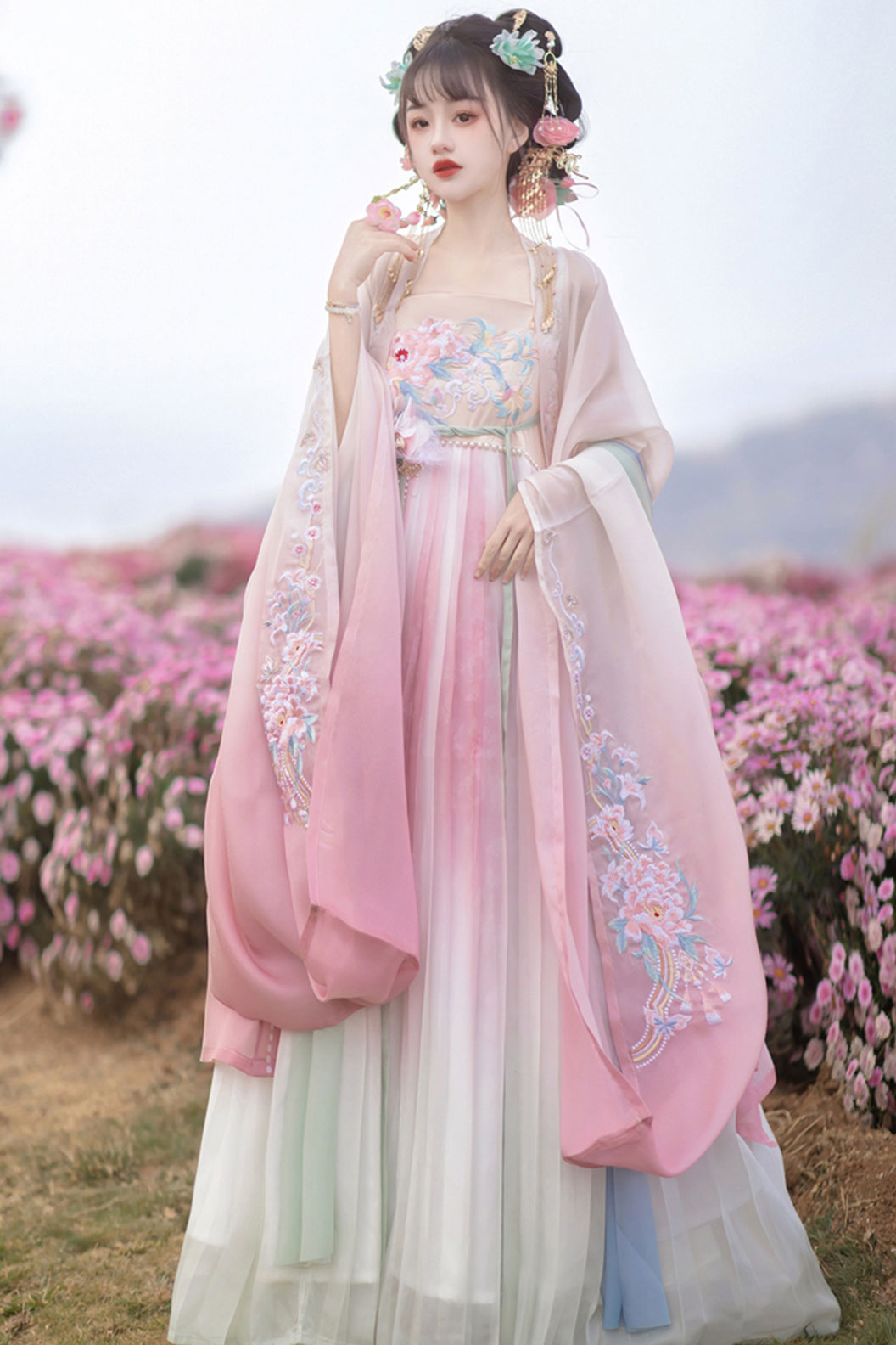 Tang dynasty hanfu one piece kouzi skirt with wide sleeved shirt - chunxuliuguang 春序流光