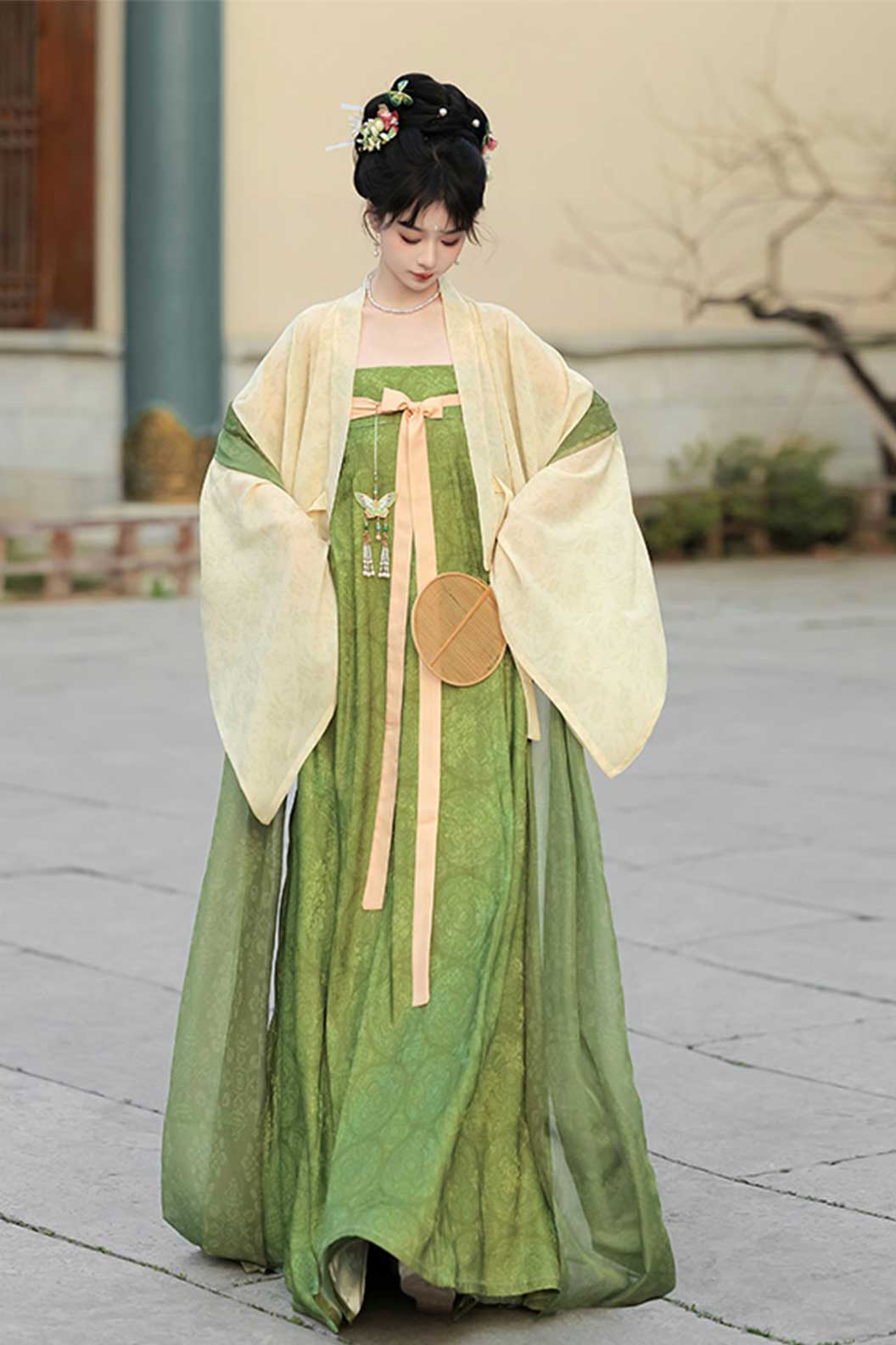 Tang dynasty hanfu outer robe with high waisted pleated skirt for famensi - taohuazhi 桃花枝
