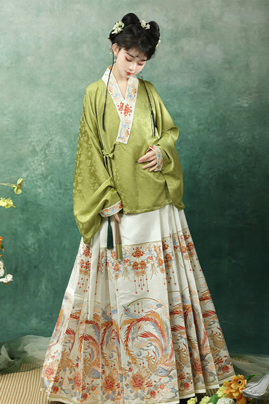 Tang Dynasty Multicolor Hanfu Dress Woven Gold Ma Mian Skirt Set for Spring Summer - yanzhuliuhua 研姝流华