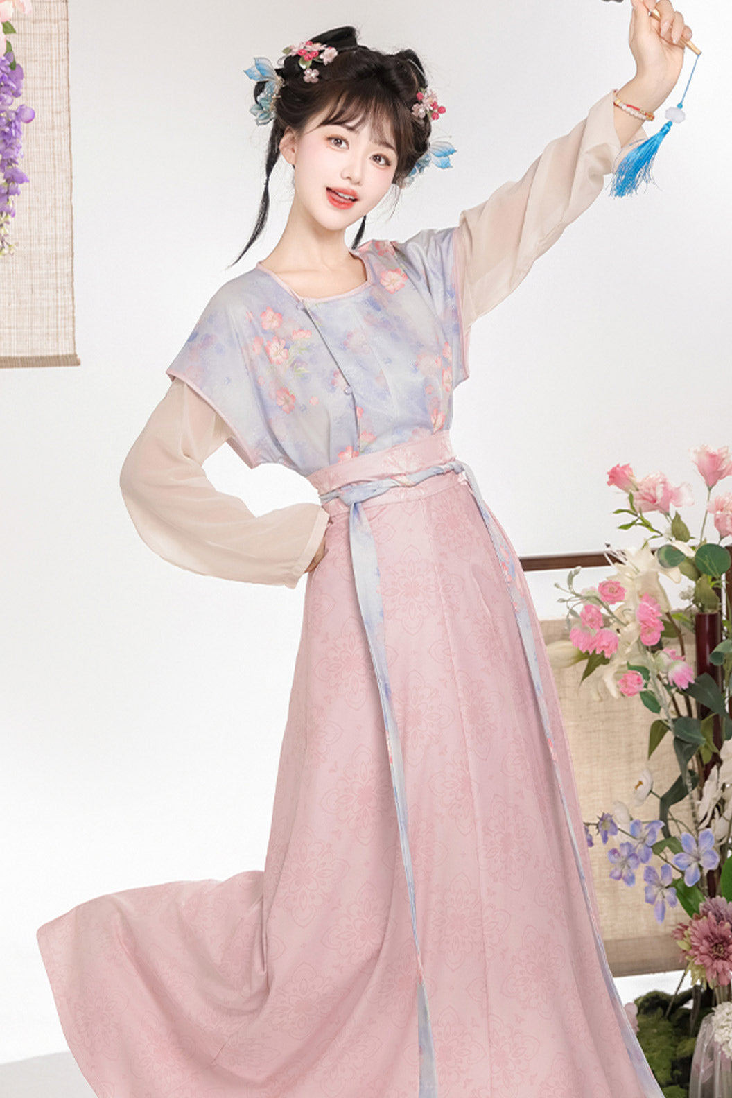 Tang Dynasty Purple Hanfu Dress Printed Beizi Round Collar Top Qiyao Eight Panel Skirt - huayu 花语