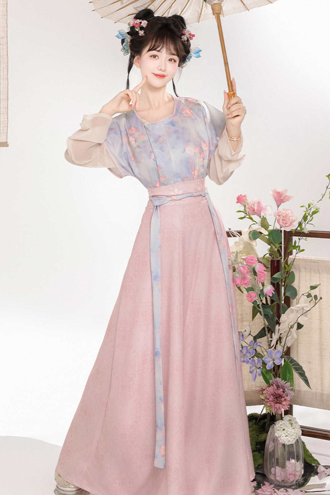 Tang Dynasty Purple Hanfu Dress Printed Beizi Round Collar Top Qiyao Eight Panel Skirt - huayu 花语