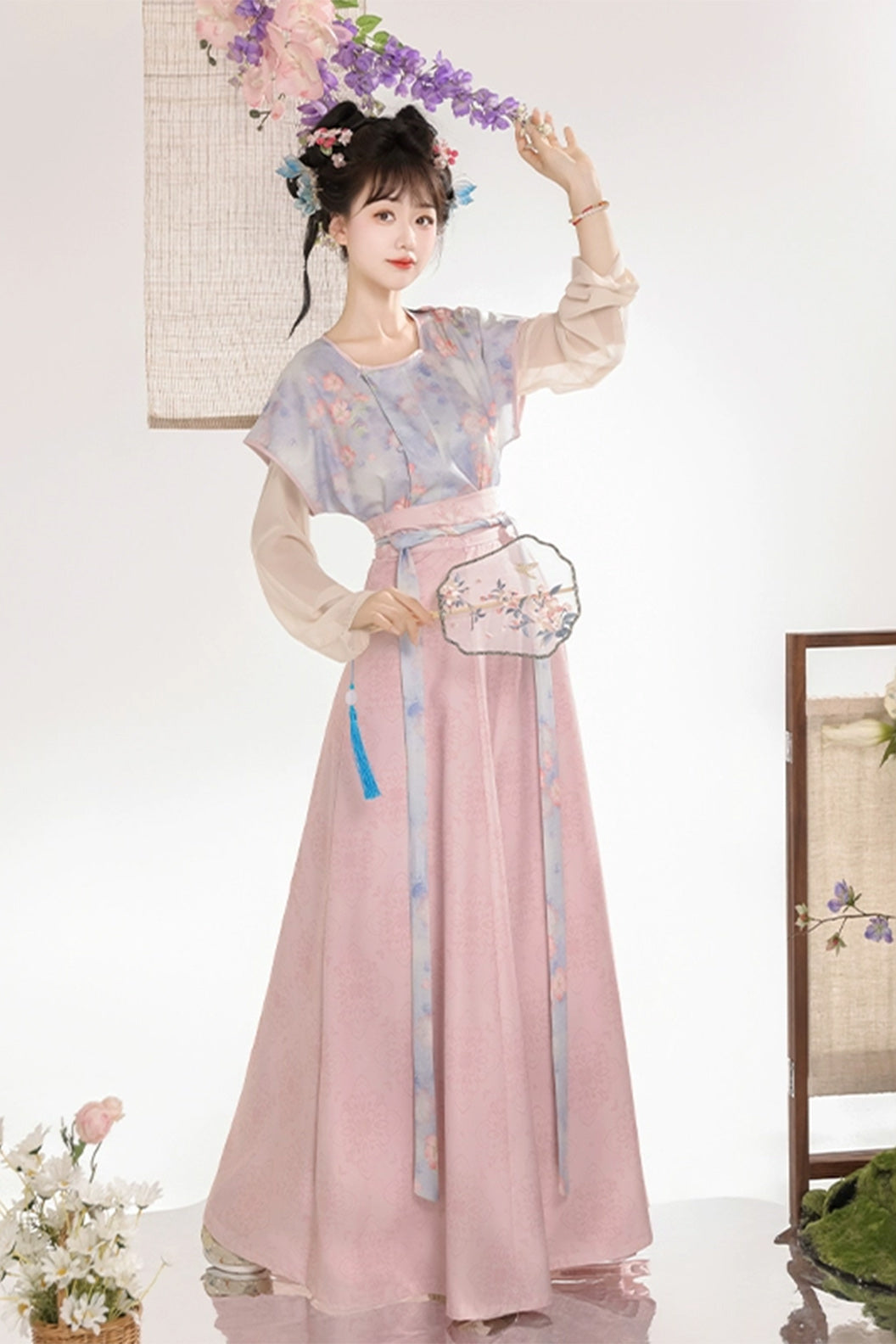 Tang Dynasty Purple Hanfu Dress Printed Beizi Round Collar Top Qiyao Eight Panel Skirt - huayu 花语