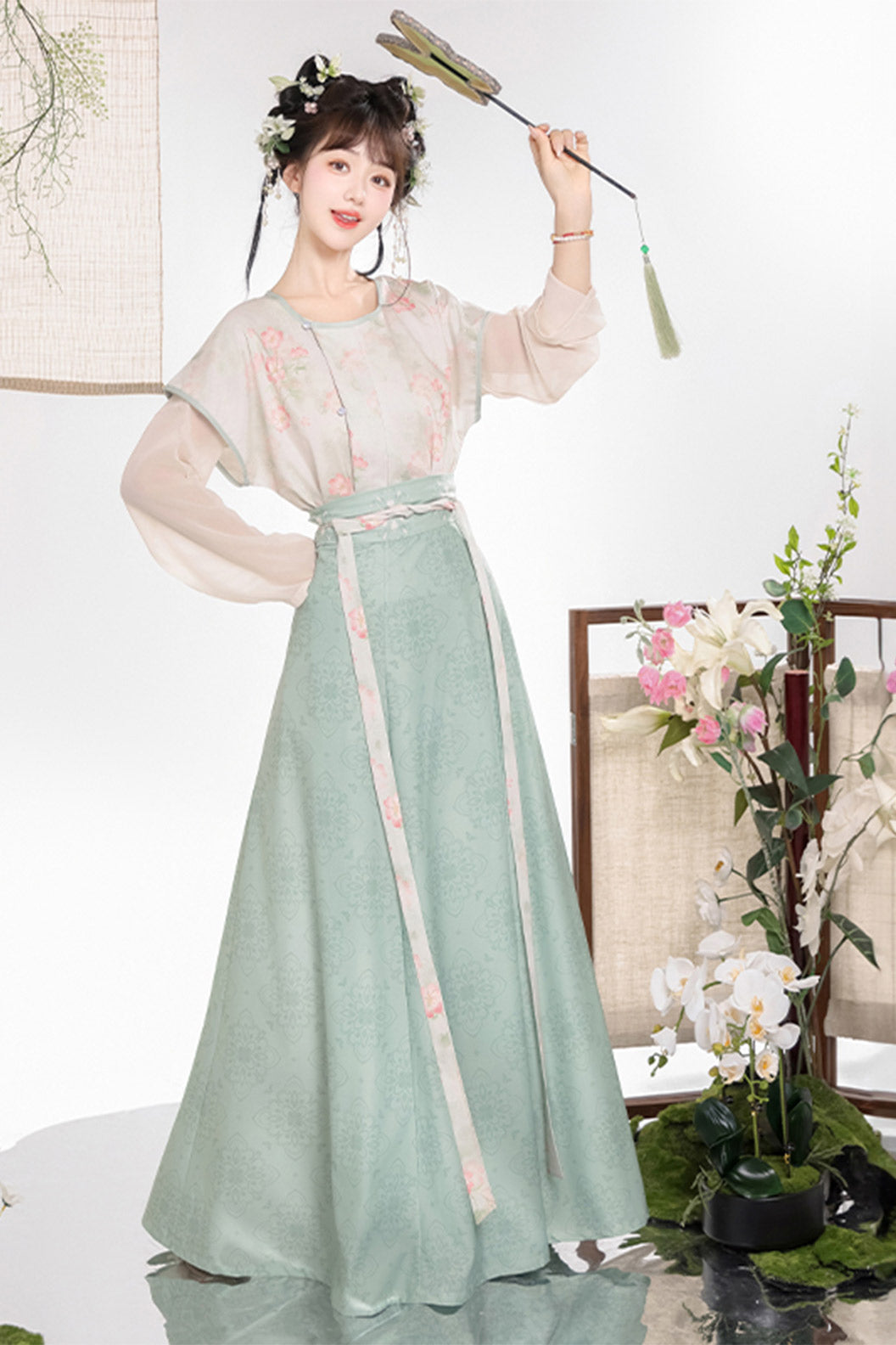 Tang Dynasty Purple Hanfu Dress Printed Beizi Round Collar Top Qiyao Eight Panel Skirt - huayu 花语