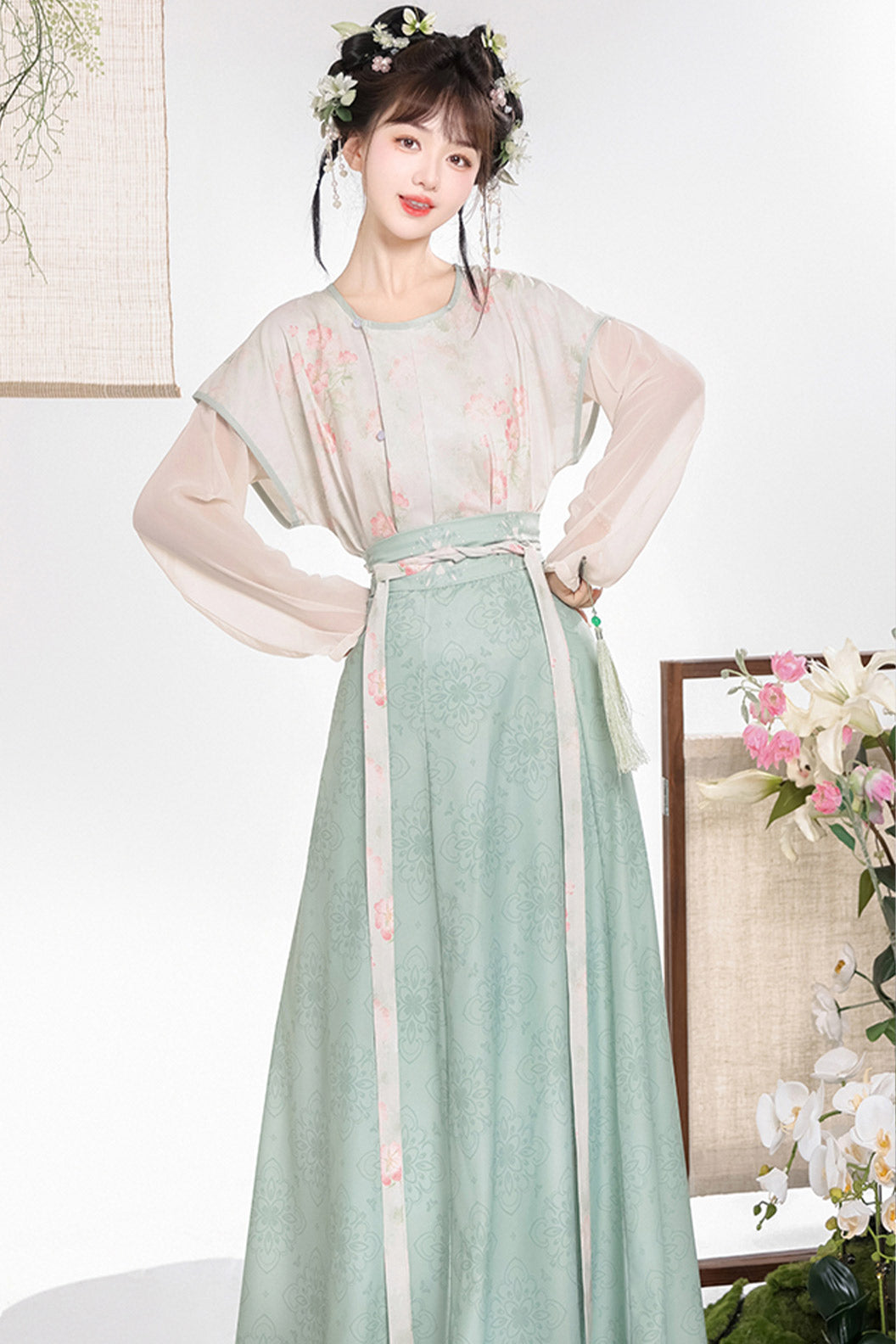Tang Dynasty Purple Hanfu Dress Printed Beizi Round Collar Top Qiyao Eight Panel Skirt - huayu 花语