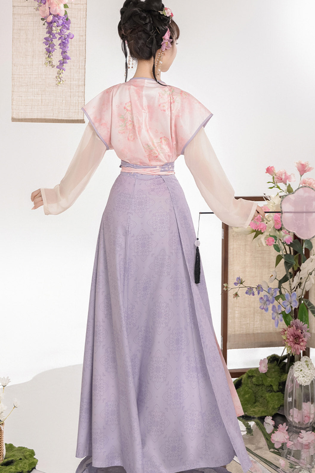 Tang Dynasty Purple Hanfu Dress Printed Beizi Round Collar Top Qiyao Eight Panel Skirt - huayu 花语