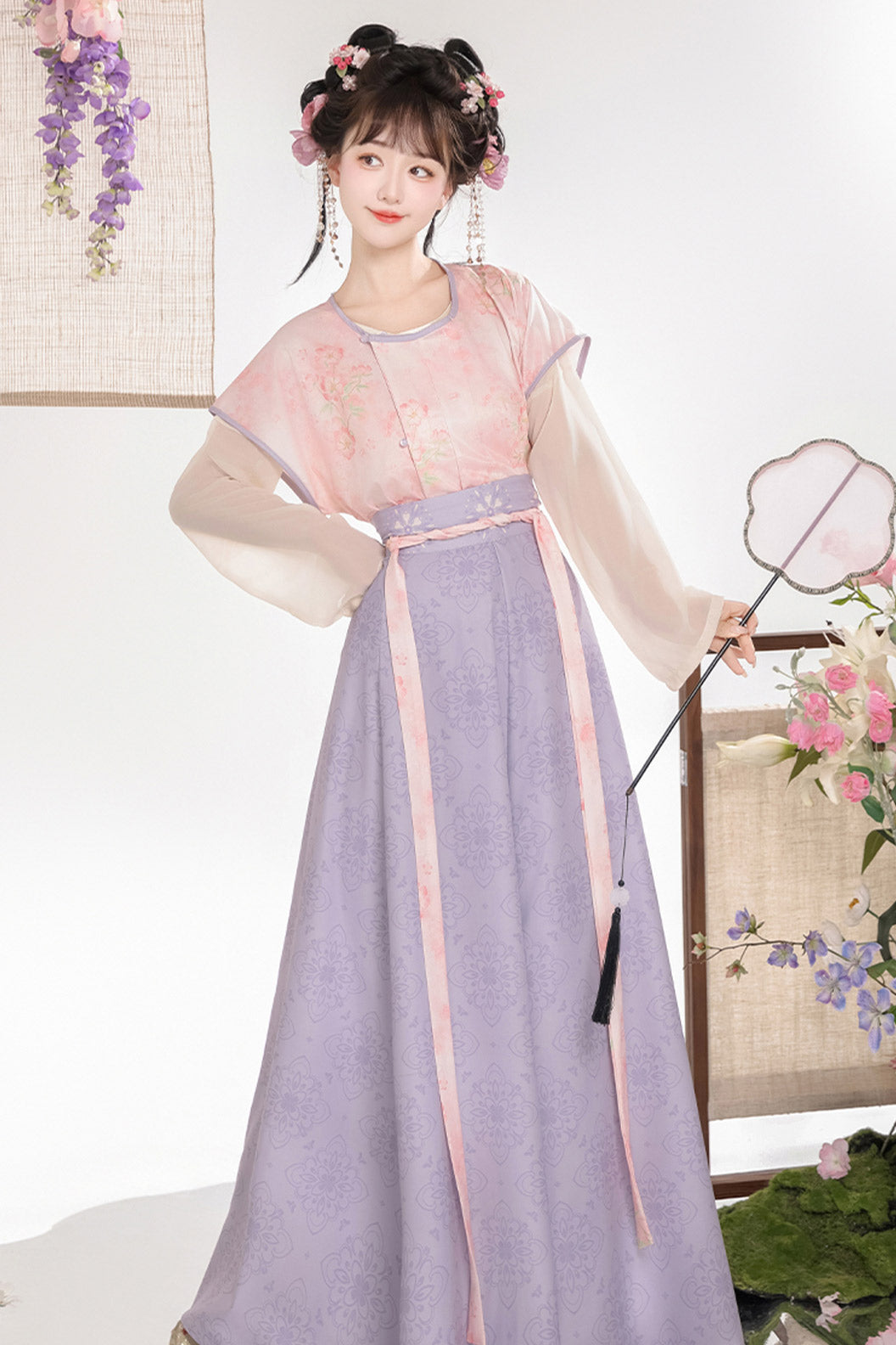 Tang Dynasty Purple Hanfu Dress Printed Beizi Round Collar Top Qiyao Eight Panel Skirt - huayu 花语