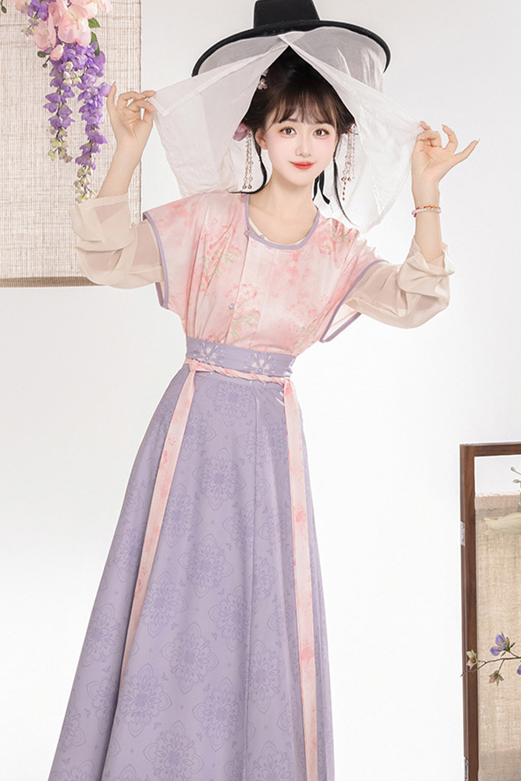 Tang Dynasty Purple Hanfu Dress Printed Beizi Round Collar Top Qiyao Eight Panel Skirt - huayu 花语