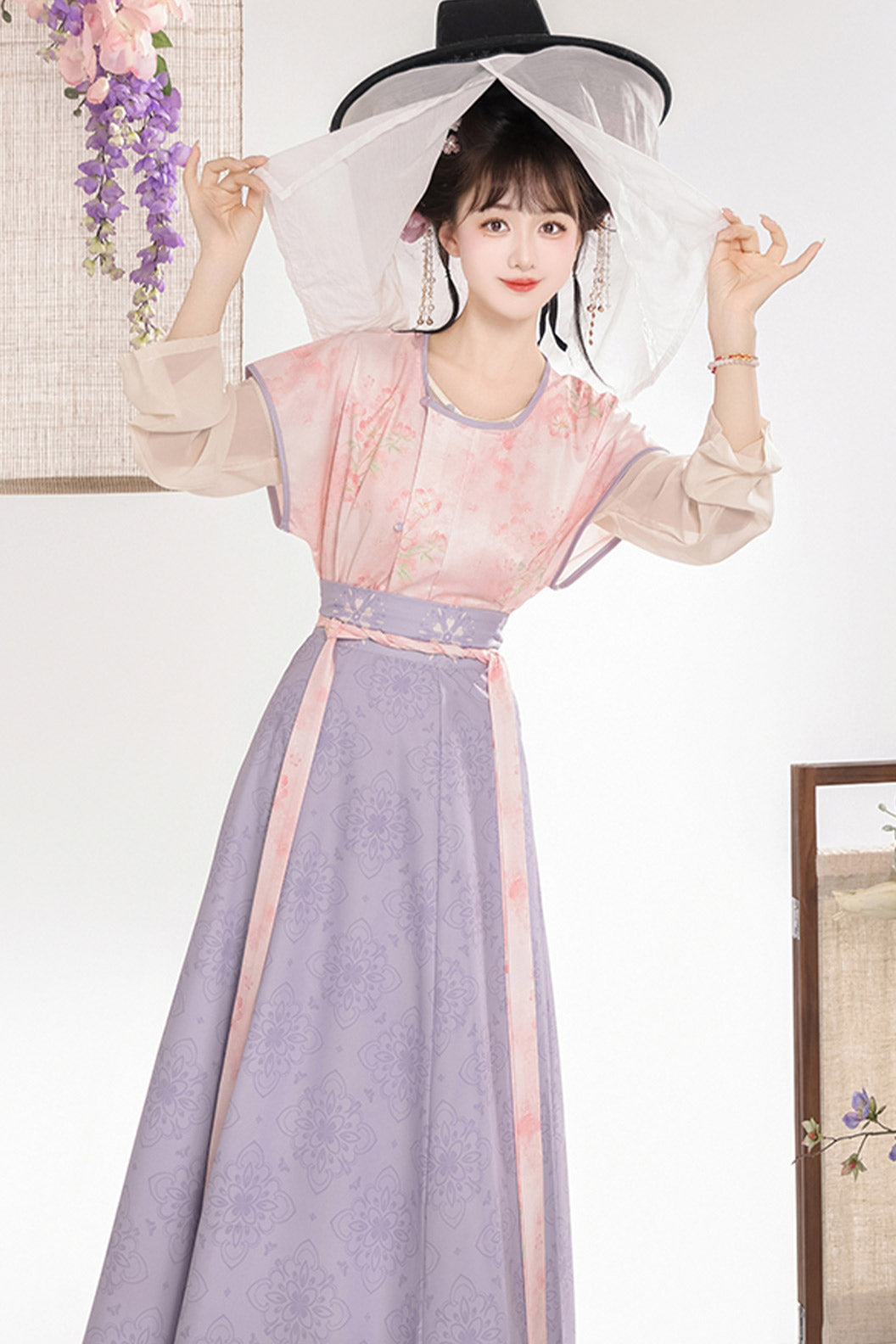 Tang Dynasty Purple Hanfu Dress Printed Beizi Round Collar Top Qiyao Eight Panel Skirt - huayu 花语
