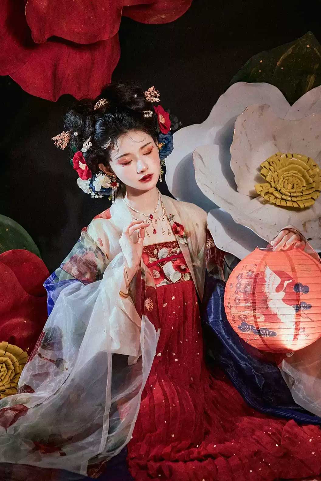 Tang Dynasty Red Hanfu Dress One Piece with Camellia Flower Embroidery- xiaqi 霞绮