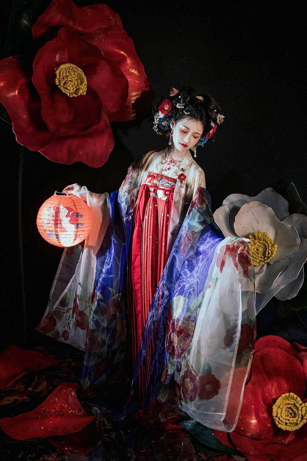 Tang Dynasty Red Hanfu Dress One Piece with Camellia Flower Embroidery- xiaqi 霞绮
