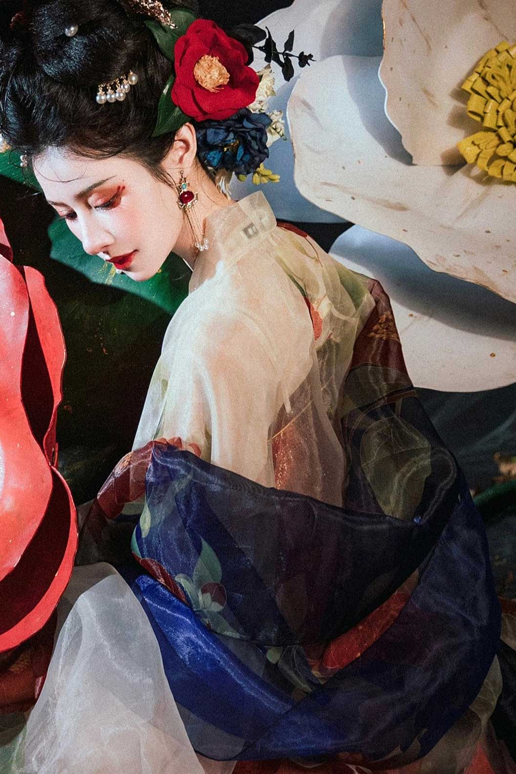 Tang Dynasty Red Hanfu Dress One Piece with Camellia Flower Embroidery- xiaqi 霞绮