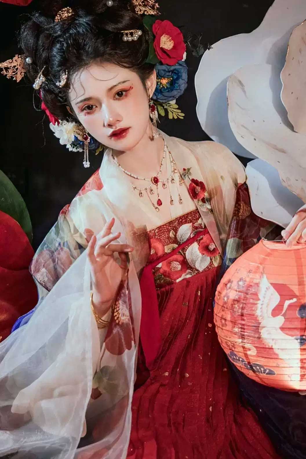 Tang Dynasty Red Hanfu Dress One Piece with Camellia Flower Embroidery- xiaqi 霞绮