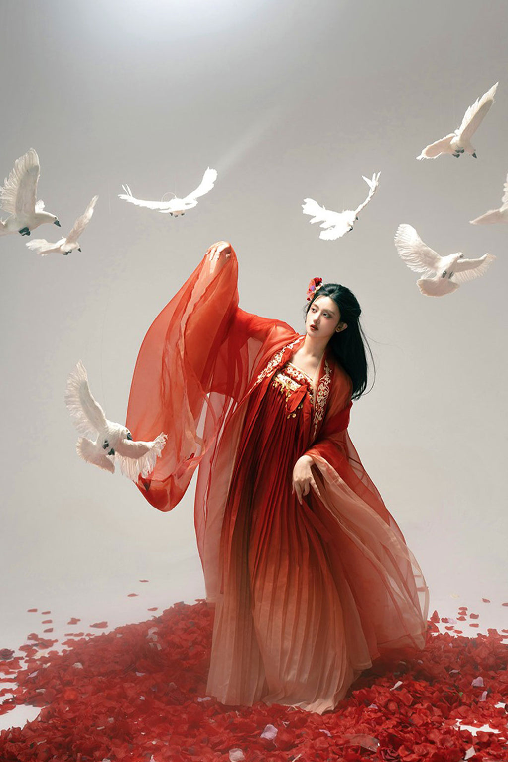 Tang Dynasty Red Hanfu Dress with Embroidered Chest-high Pleated Skirt and One-Piece - hongying 红樱