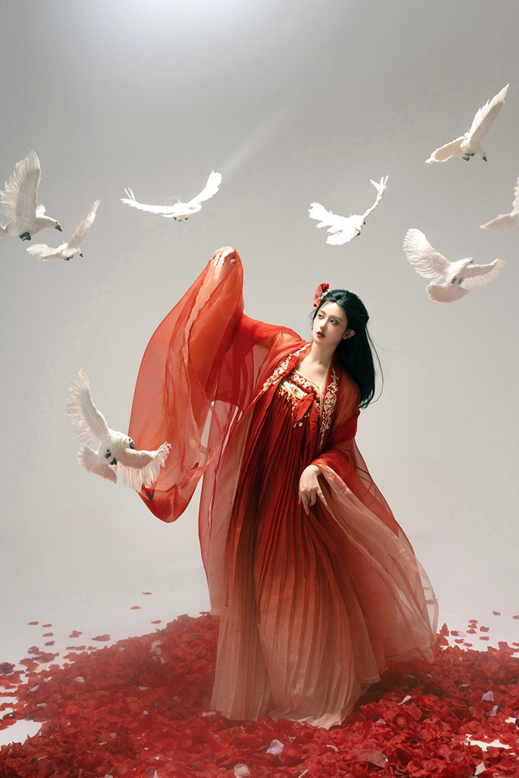 Tang Dynasty Red Hanfu Dress with Embroidered Chest-high Pleated Skirt and One-Piece - hongying 红樱