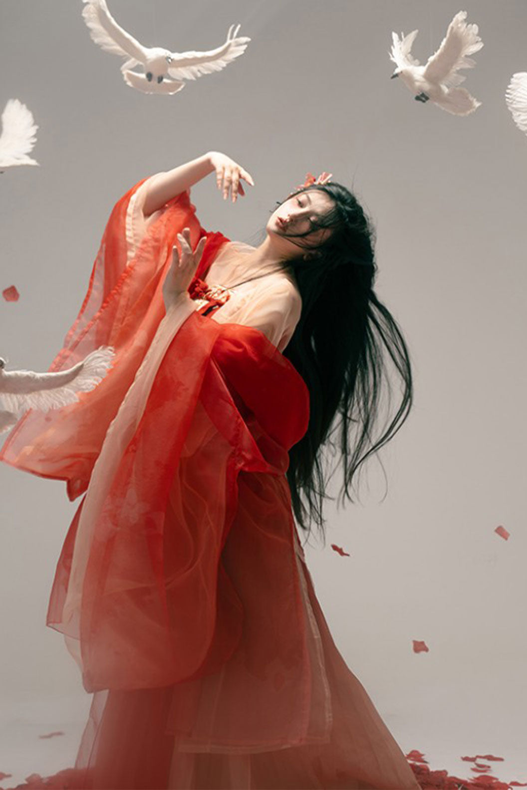 Tang Dynasty Red Hanfu Dress with Embroidered Chest-high Pleated Skirt and One-Piece - hongying 红樱