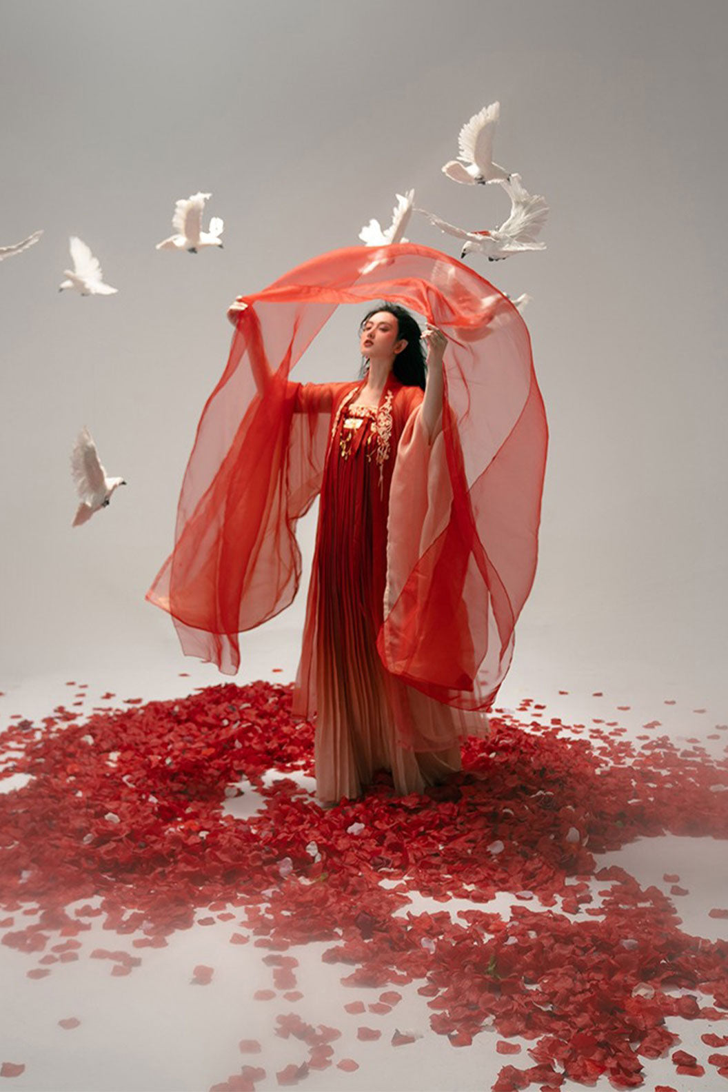 Tang Dynasty Red Hanfu Dress with Embroidered Chest-high Pleated Skirt and One-Piece - hongying 红樱