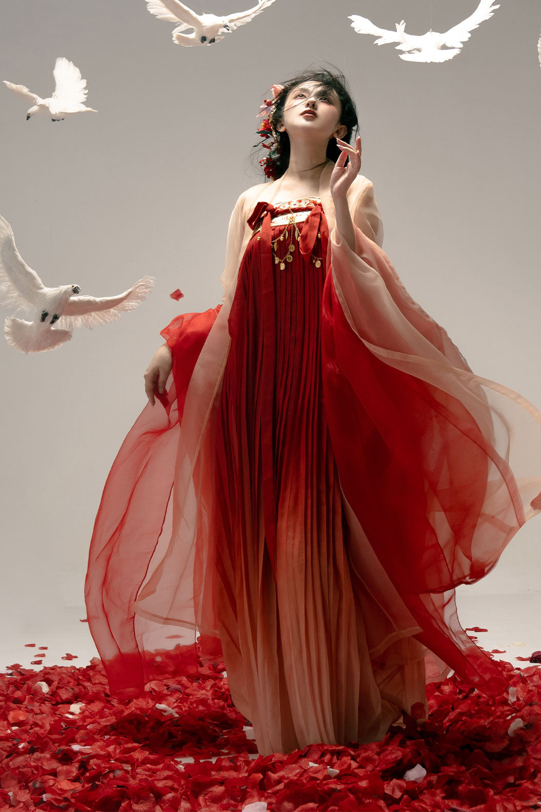 Tang Dynasty Red Hanfu Dress with Embroidered Chest-high Pleated Skirt and One-Piece - hongying 红樱