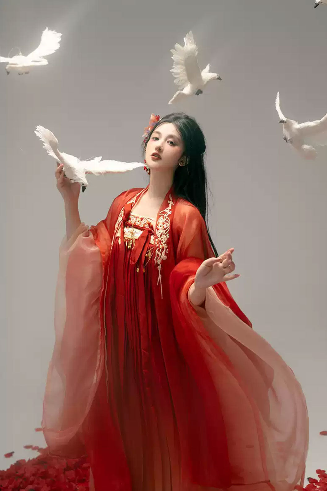 Tang Dynasty Red Hanfu Dress with Embroidered Chest-high Pleated Skirt and One-Piece - hongying 红樱