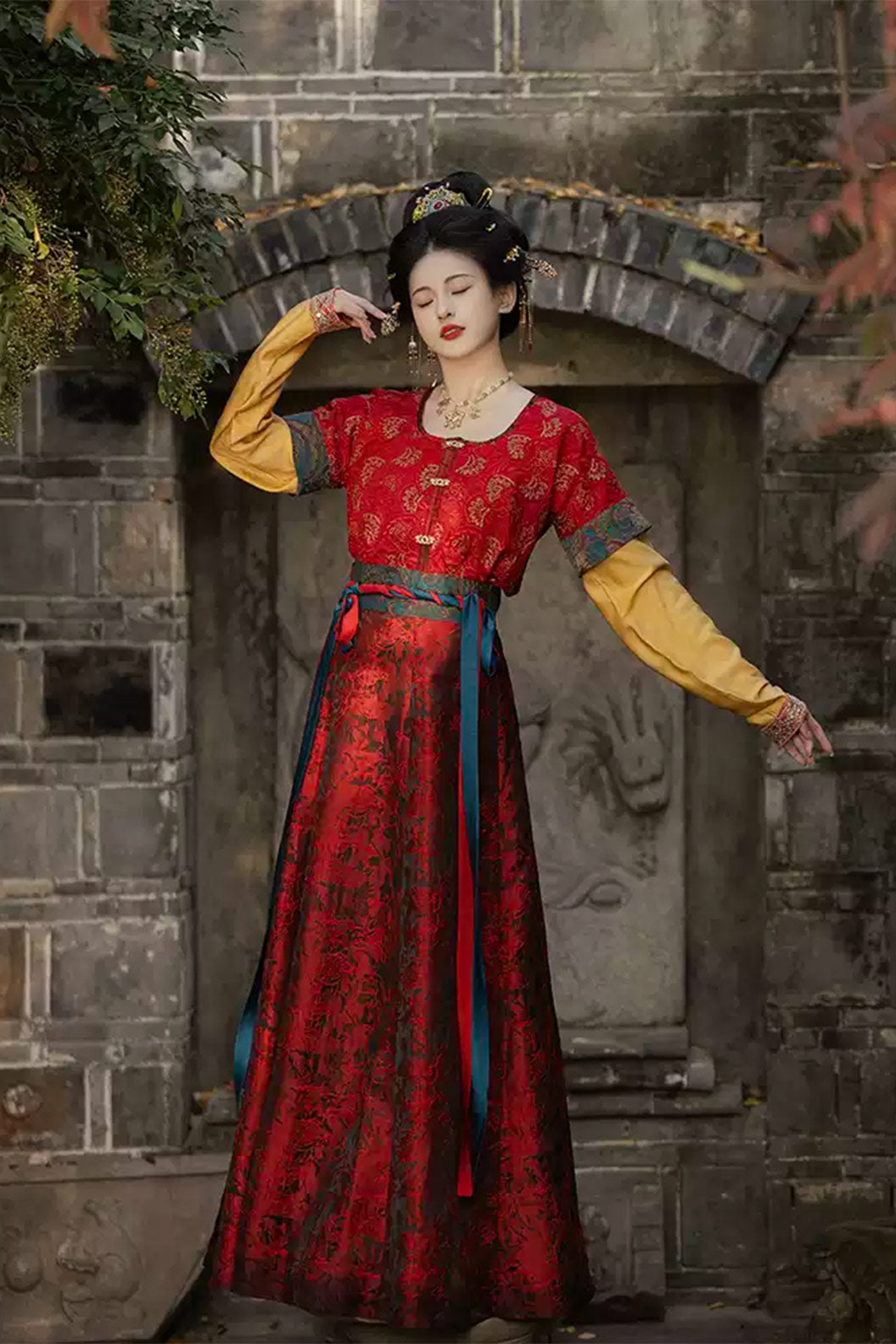Tang Dynasty Tank Collar Po Skirt Chinese Style Red Hanfu Dress - xiayi 霞仪