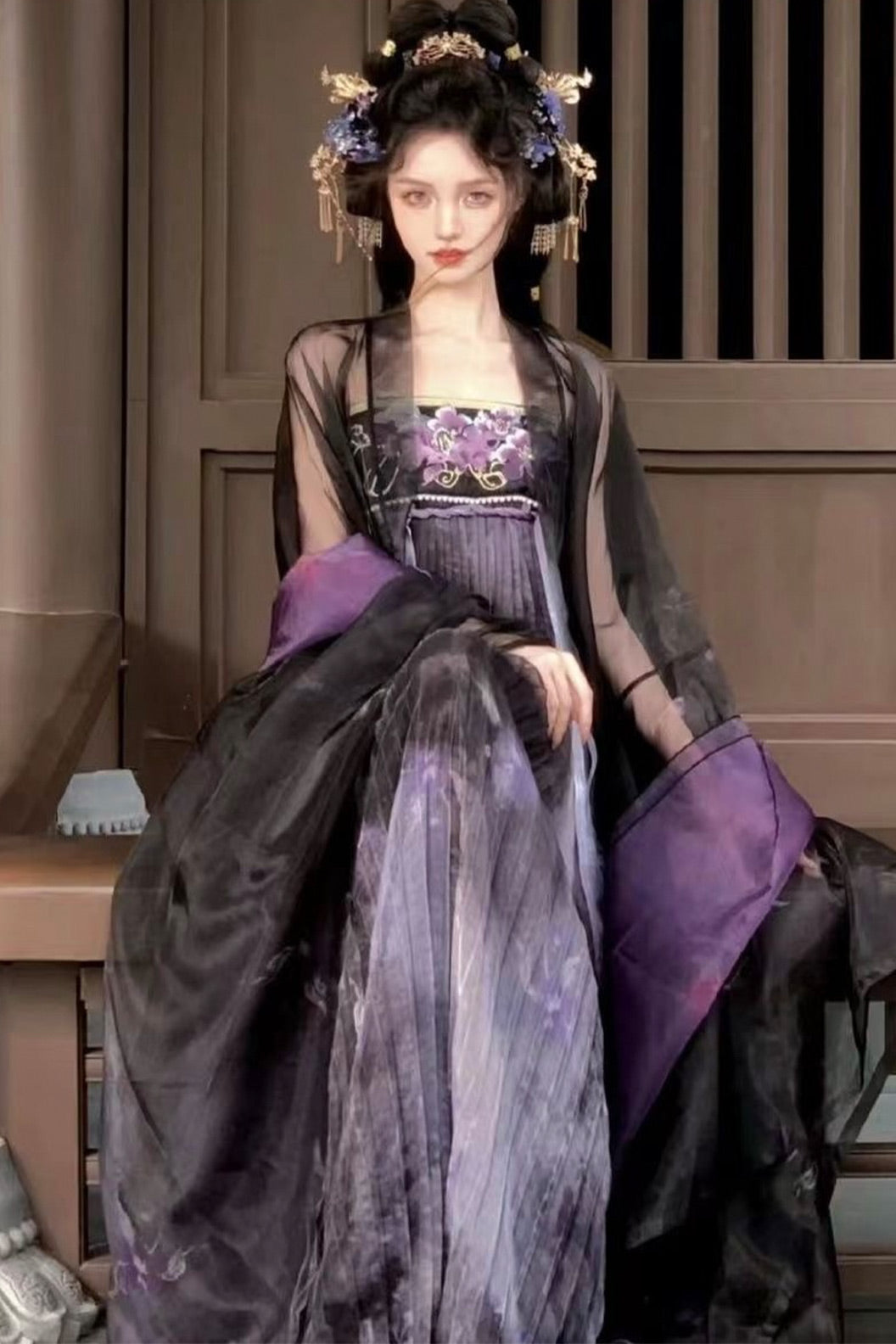 Tang Dynasty Twin Camellia Embroidery Chinese Ceremony Style Black Purple Hanfu Dress - shancha 山茶