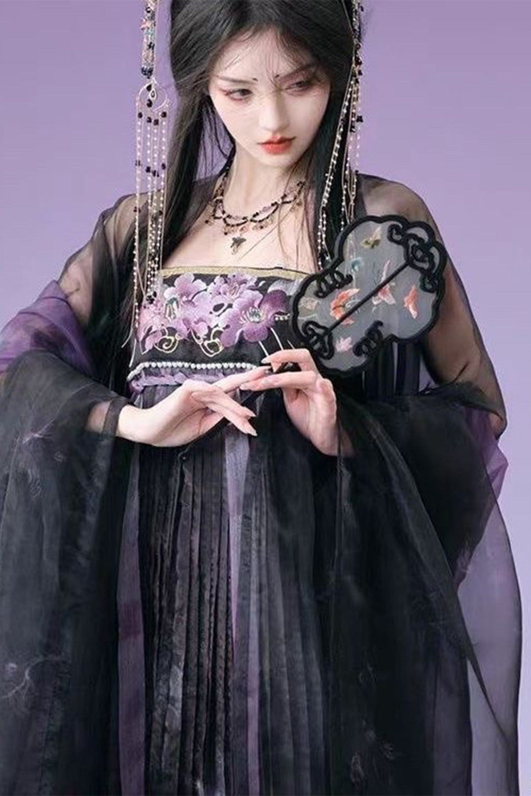 Tang Dynasty Twin Camellia Embroidery Chinese Ceremony Style Black Purple Hanfu Dress - shancha 山茶