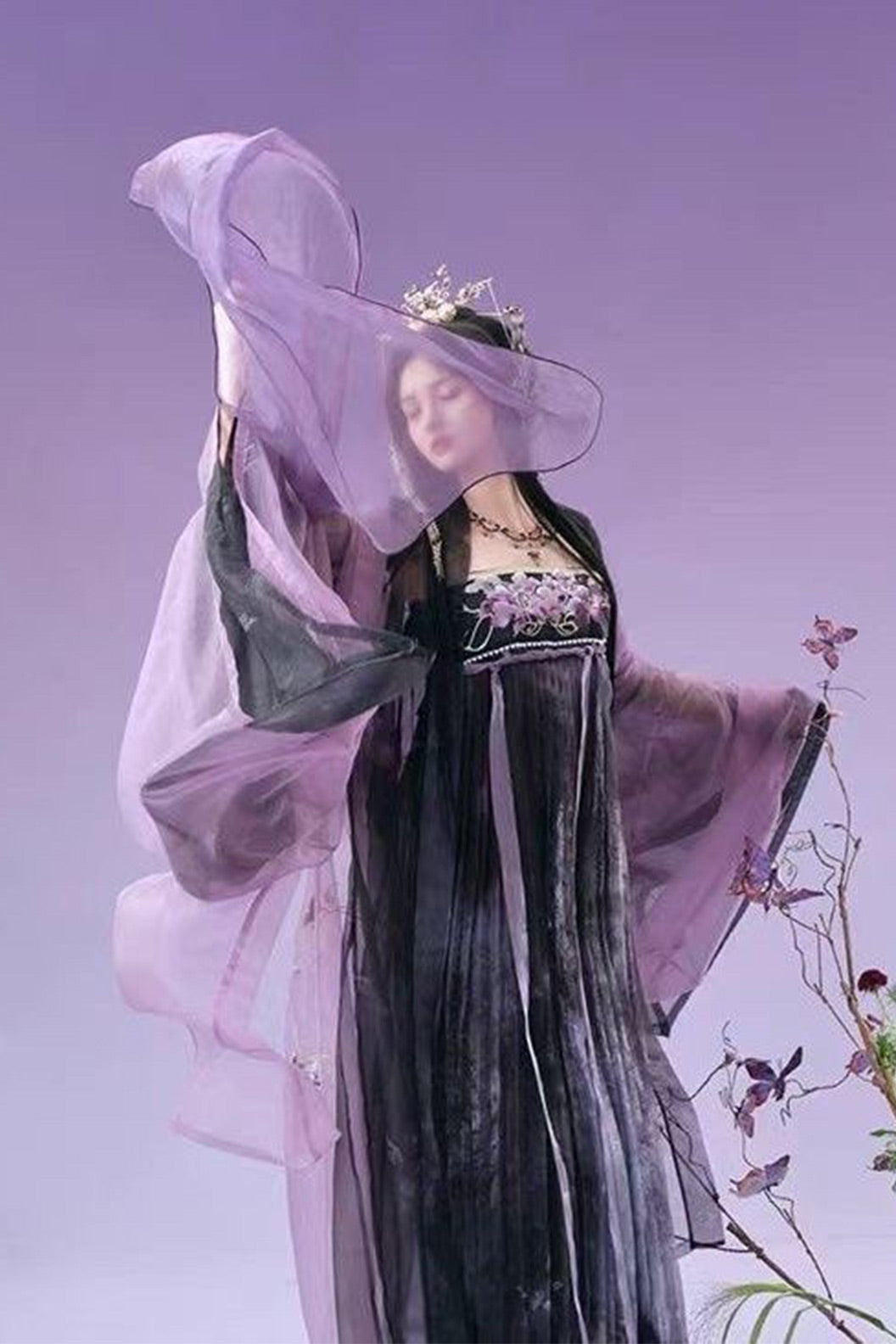 Tang Dynasty Twin Camellia Embroidery Chinese Ceremony Style Black Purple Hanfu Dress - shancha 山茶