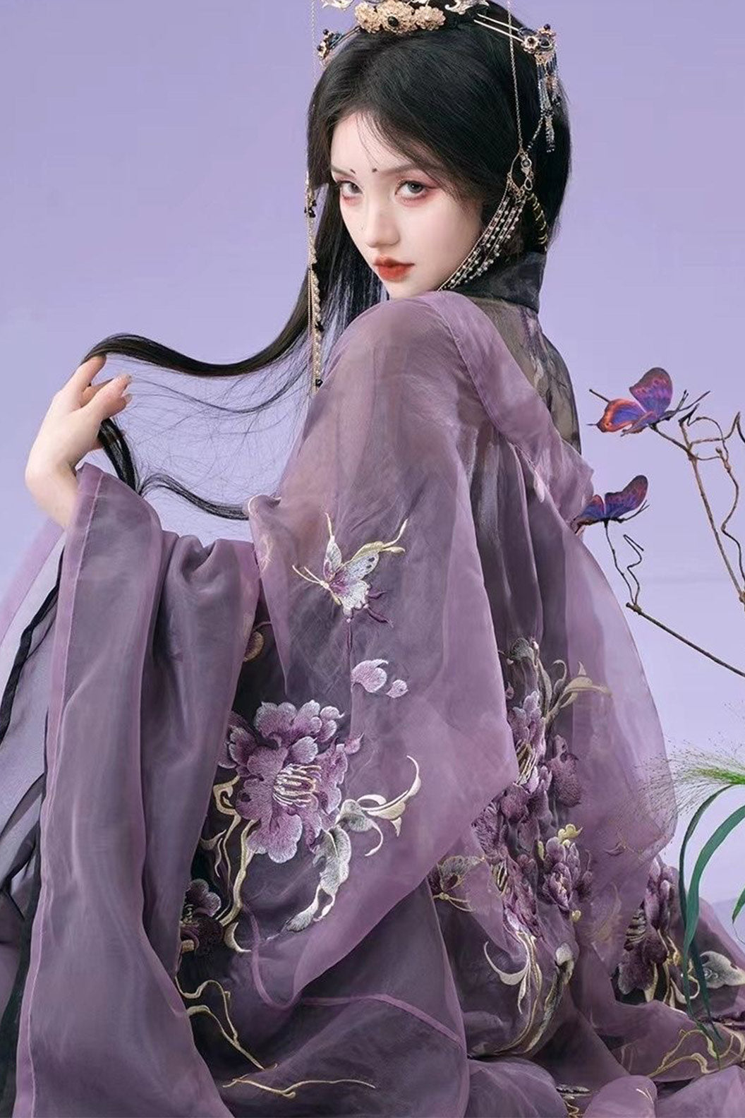 Tang Dynasty Twin Camellia Embroidery Chinese Ceremony Style Black Purple Hanfu Dress - shancha 山茶