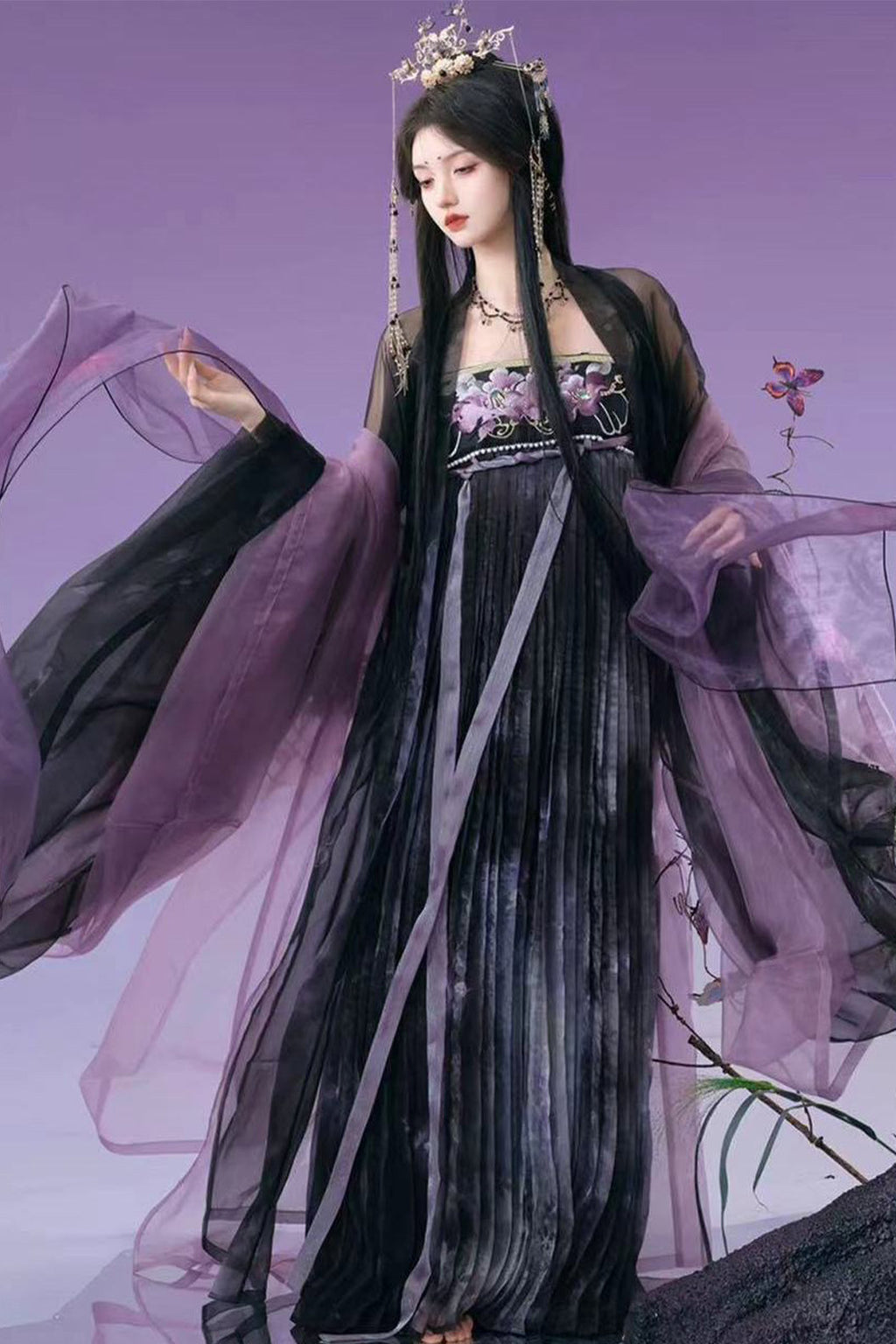 Tang Dynasty Twin Camellia Embroidery Chinese Ceremony Style Black Purple Hanfu Dress - shancha 山茶