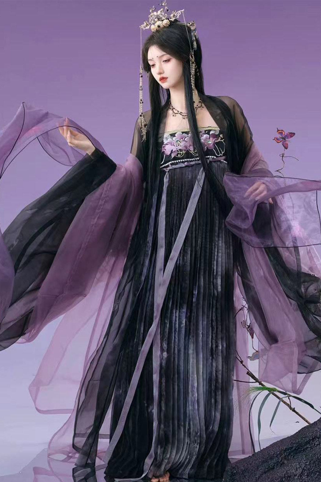 Tang Dynasty Twin Camellia Embroidery Chinese Ceremony Style Black Purple Hanfu Dress - shancha 山茶