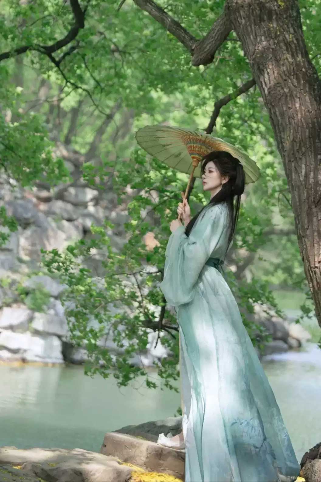 Warring States Cyan Robe with Chinese Style and Straight Hem - shanlan 山岚