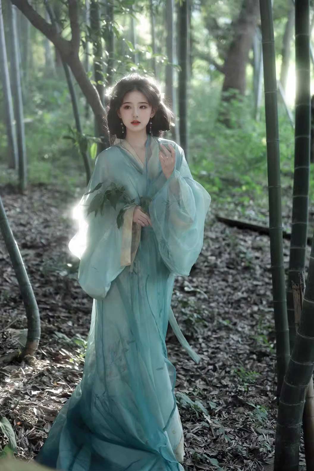 Warring States Cyan Robe with Chinese Style and Straight Hem - shanlan 山岚