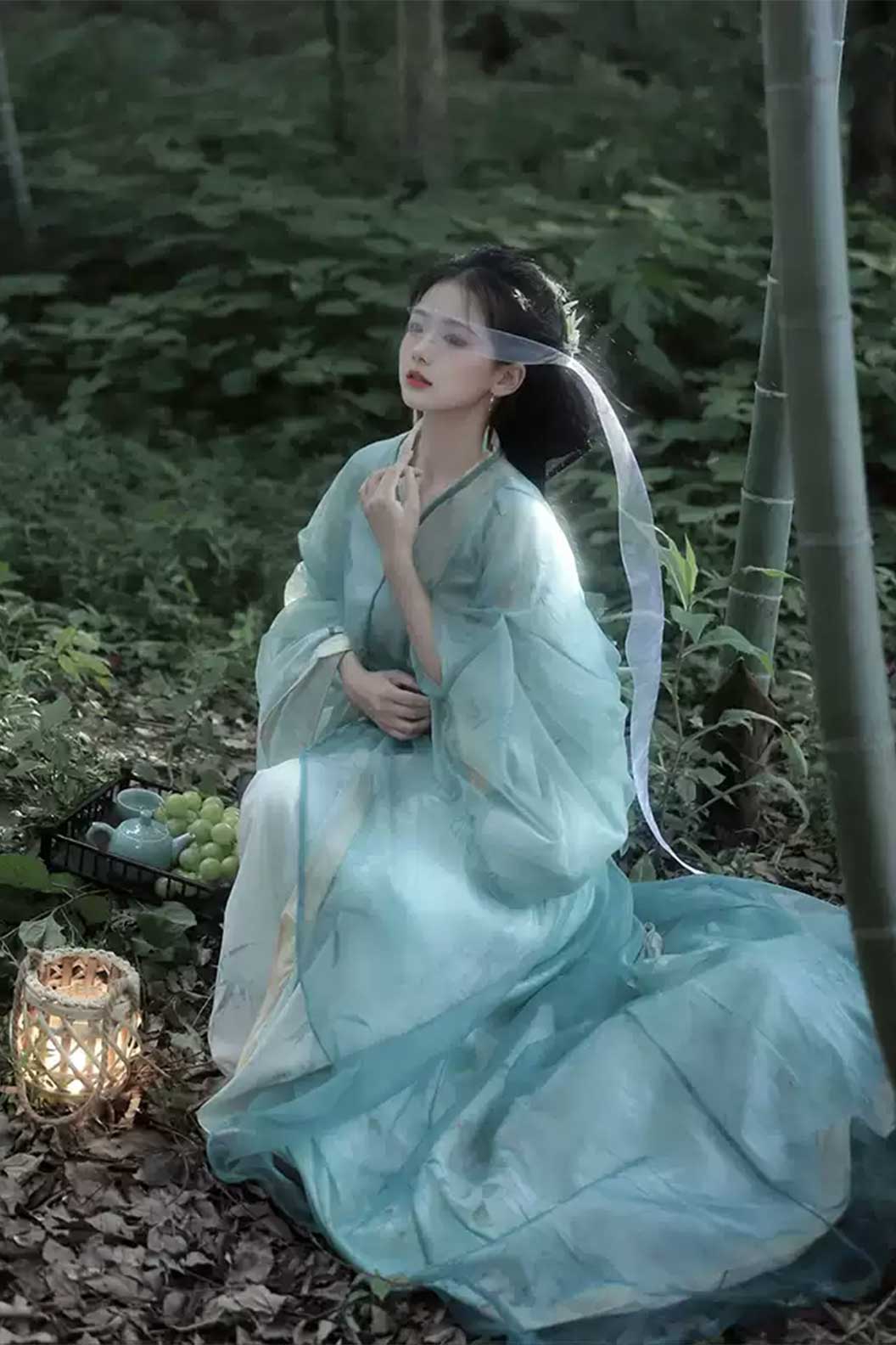 Warring States Cyan Robe with Chinese Style and Straight Hem - shanlan 山岚
