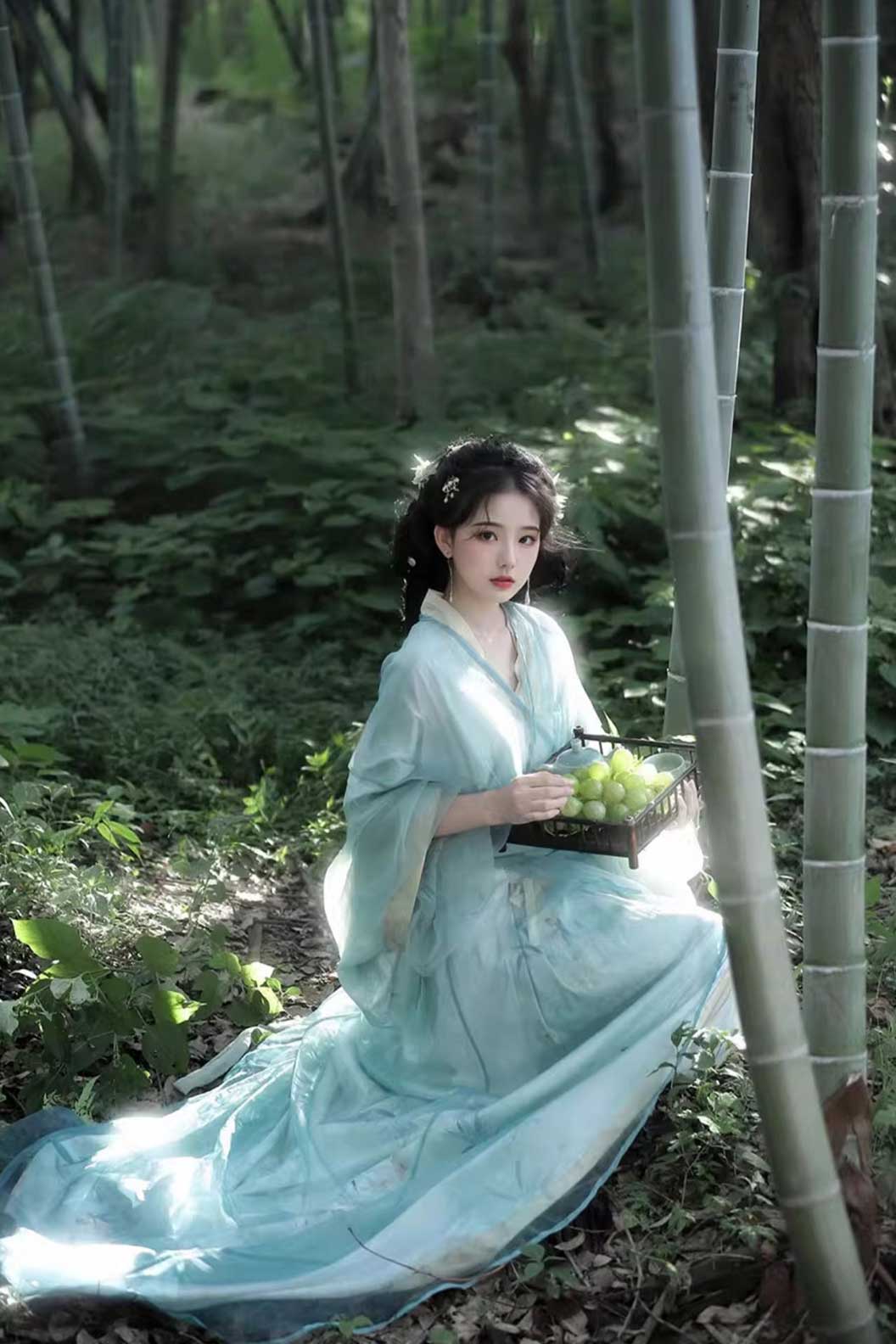 Warring States Cyan Robe with Chinese Style and Straight Hem - shanlan 山岚