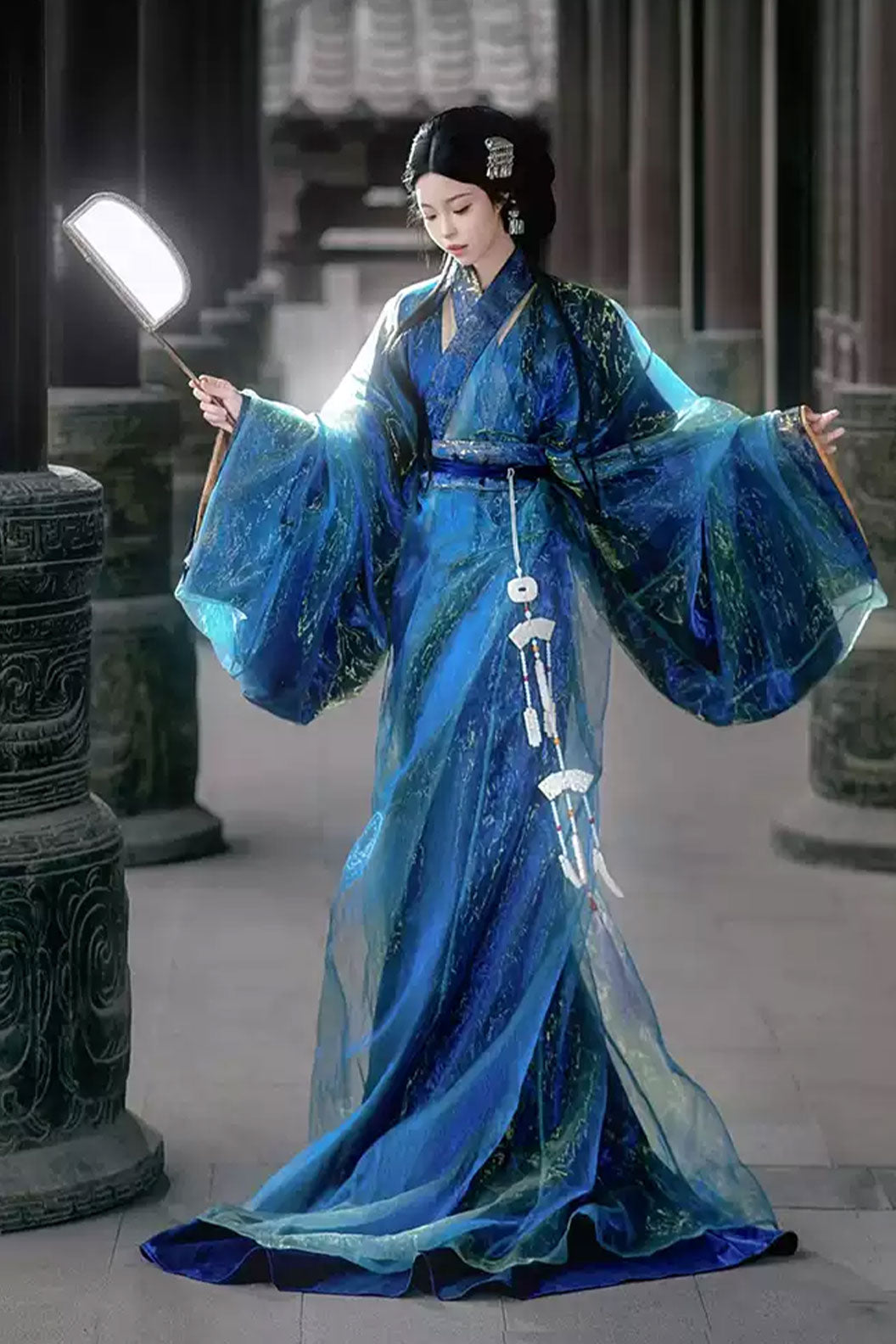 Warring states robe blue straight hem robe with train - zhanying 湛影