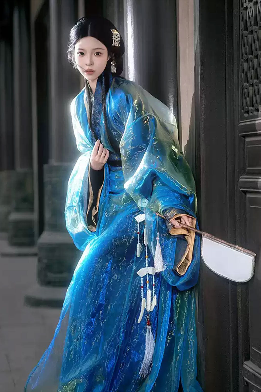 Warring states robe blue straight hem robe with train - zhanying 湛影