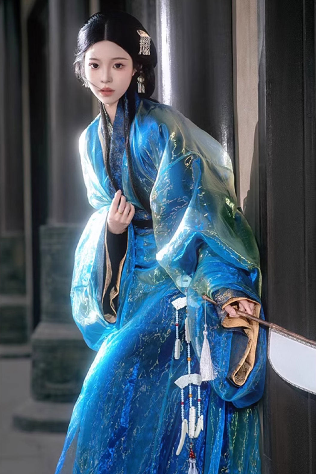 Warring states robe blue straight hem robe with train - zhanying 湛影