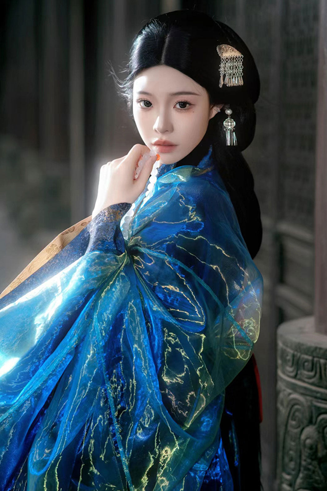Warring states robe blue straight hem robe with train - zhanying 湛影